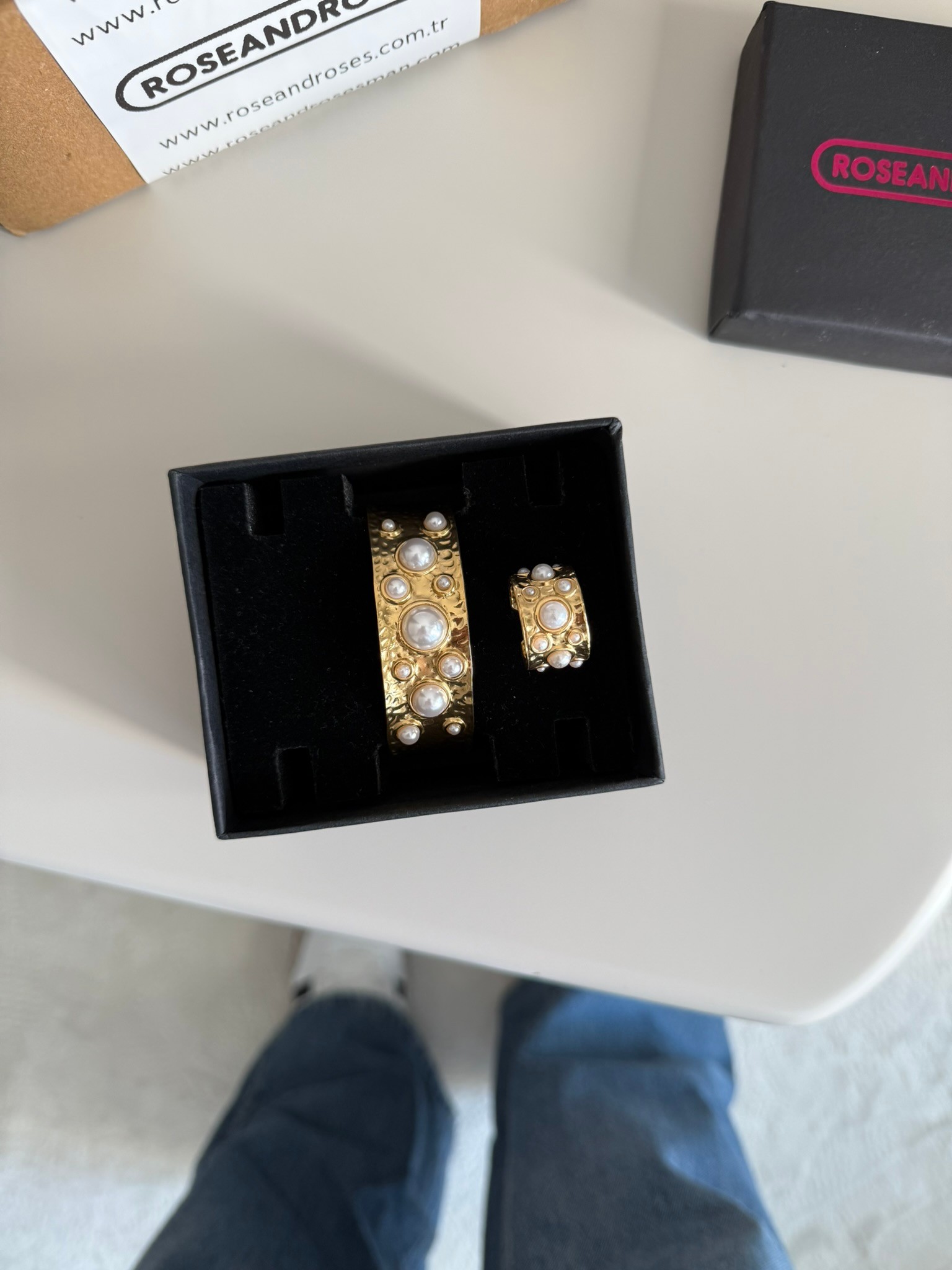 Geniş İnci Detaylı Pinterest Bileklik ve Yüzük Seti Gold
