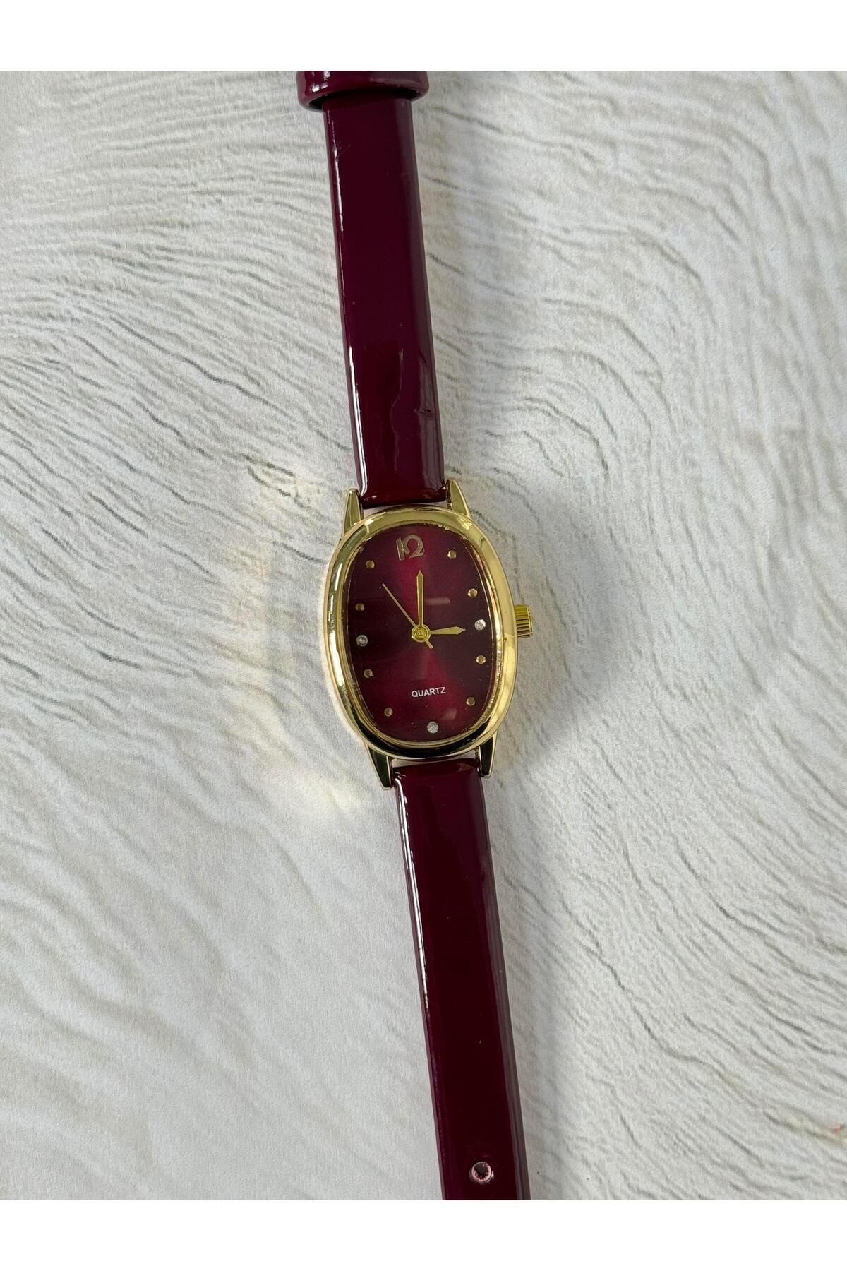 Alle Minimal Özel Seri Rugan Parlak Deri Bordo Vintage Kadın Kol Saati