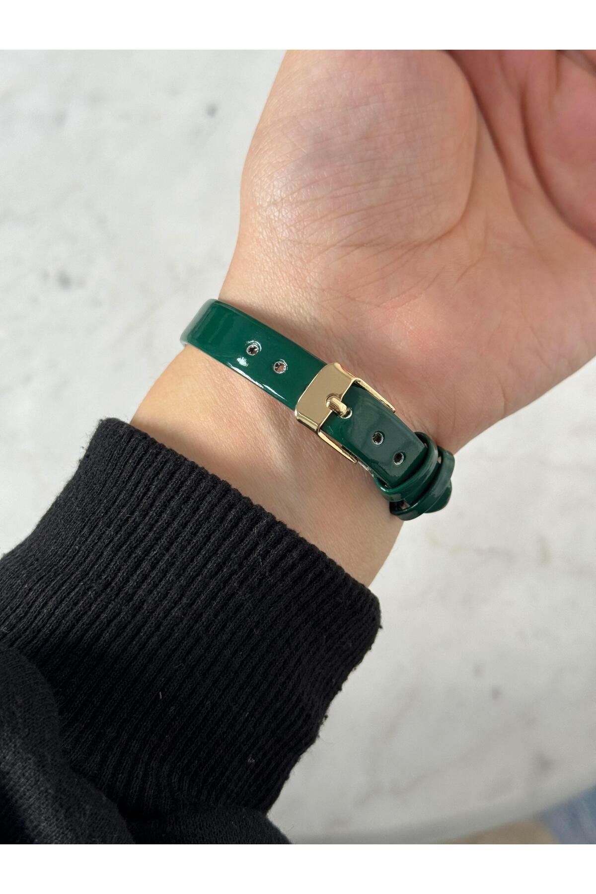 Alle Minimal Özel Seri Rugan Parlak Deri Yeşil Vintage Kadın Kol Saati