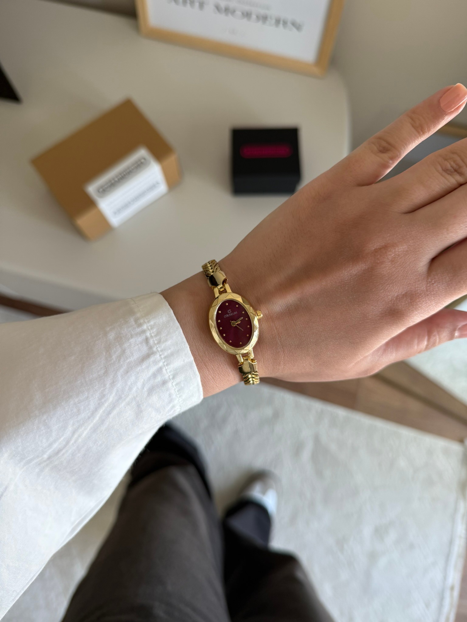 Lenna Örgü Zincir Kordon Minimal Kadın Kol Saati Gold (Bordo Kadran)