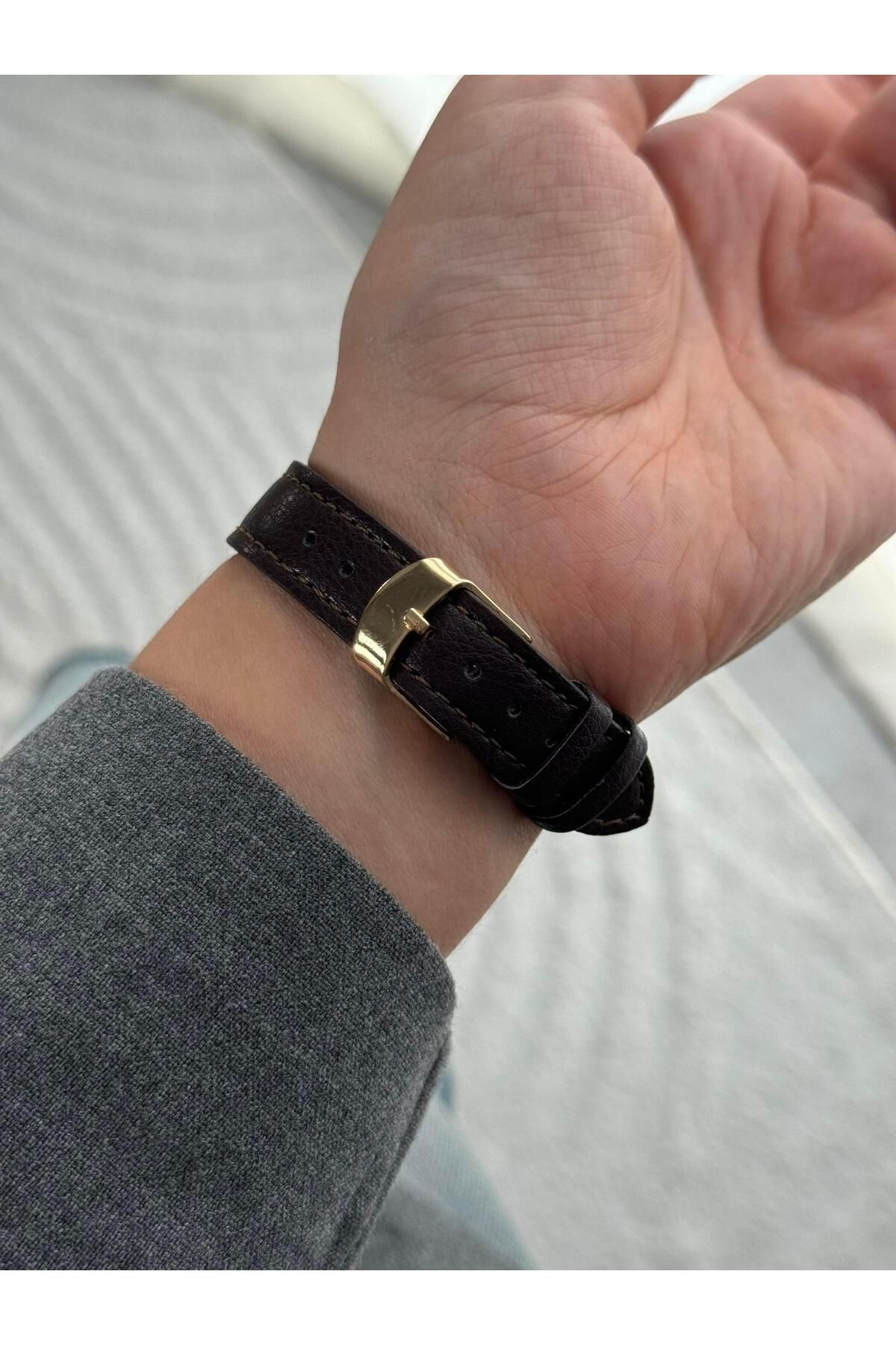 Tena Dikdörtgen Kalın Kordon Vintage Kadın Kol Saati Kahverengi Kordon (Gold Kasa)