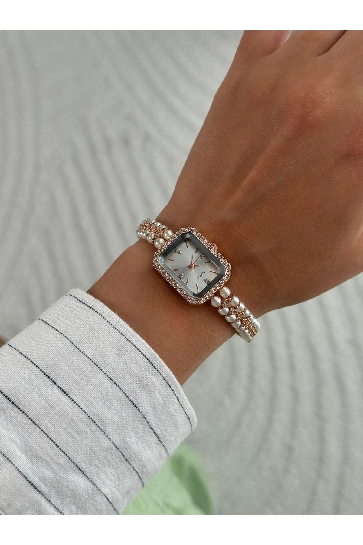 Ruby Minimal Vintage Model İnci Kordon Kadın Kol Saati Rose (Beyaz Kadran)