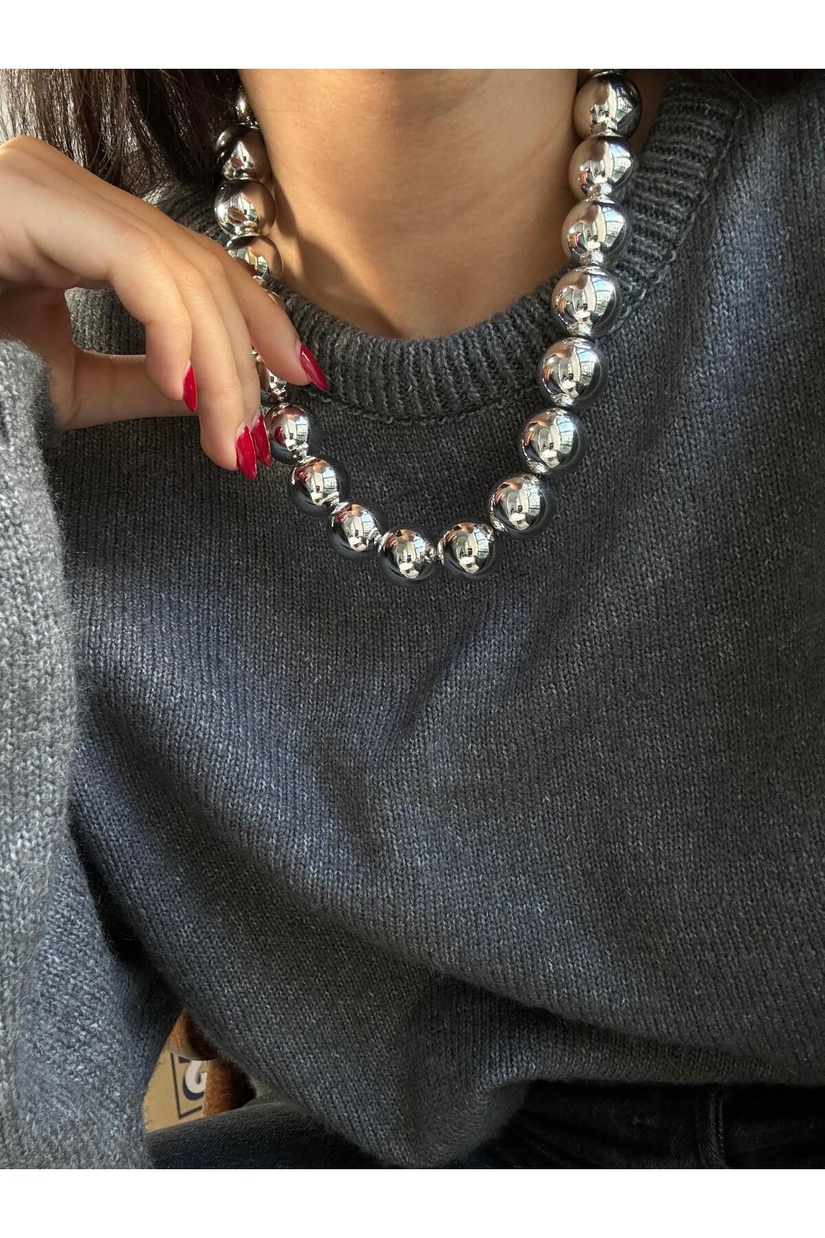 New Trendy Büyük Top Çelik Kolye Gümüş Renk