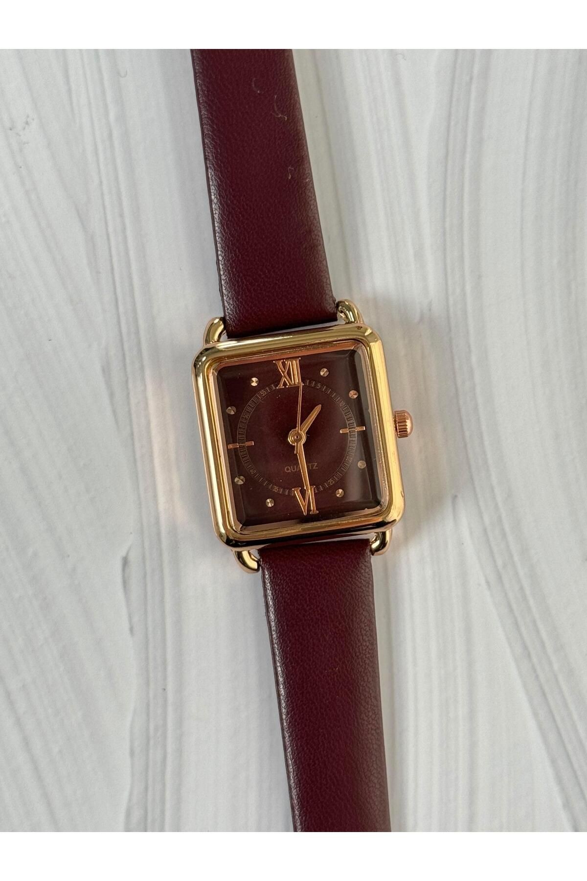 Poloni Özel Seri Kadın Kare Deri Vintage Yeni Sezon Kol Saati Old Money Still (Bordo)