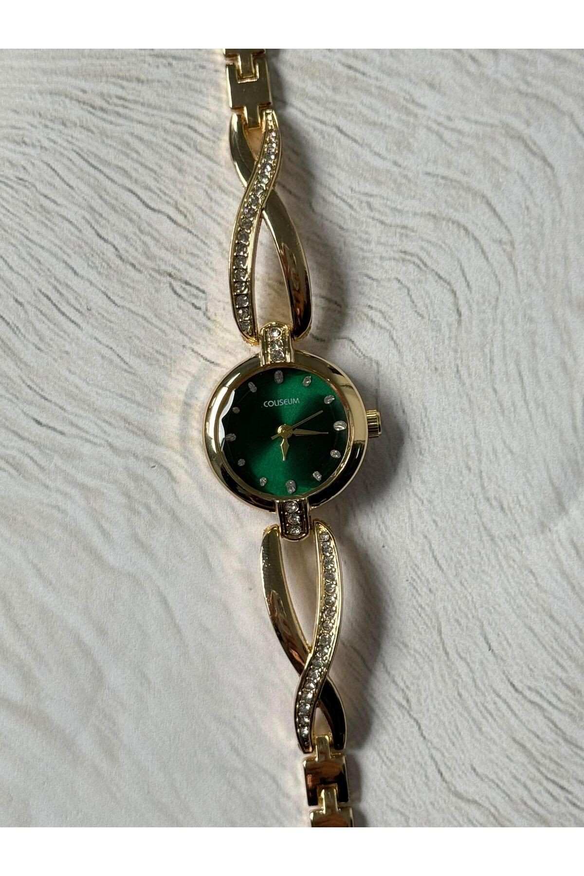 İnfinity Özel Tasarım Taşlı Şık İnce Kordon Vintage Kadın Kol Saati Gold Renk (Yeşil Kadran)