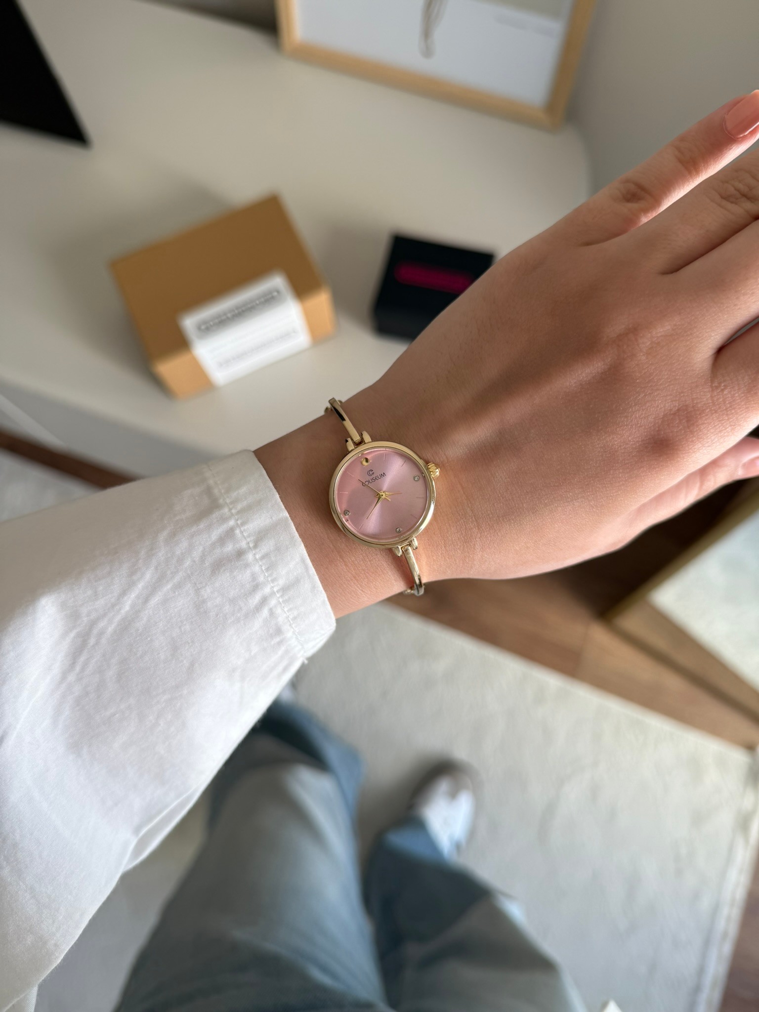 Juline Tasarım İnce Kordon Kadın Kol Saati Gold (Pembe Kadran)