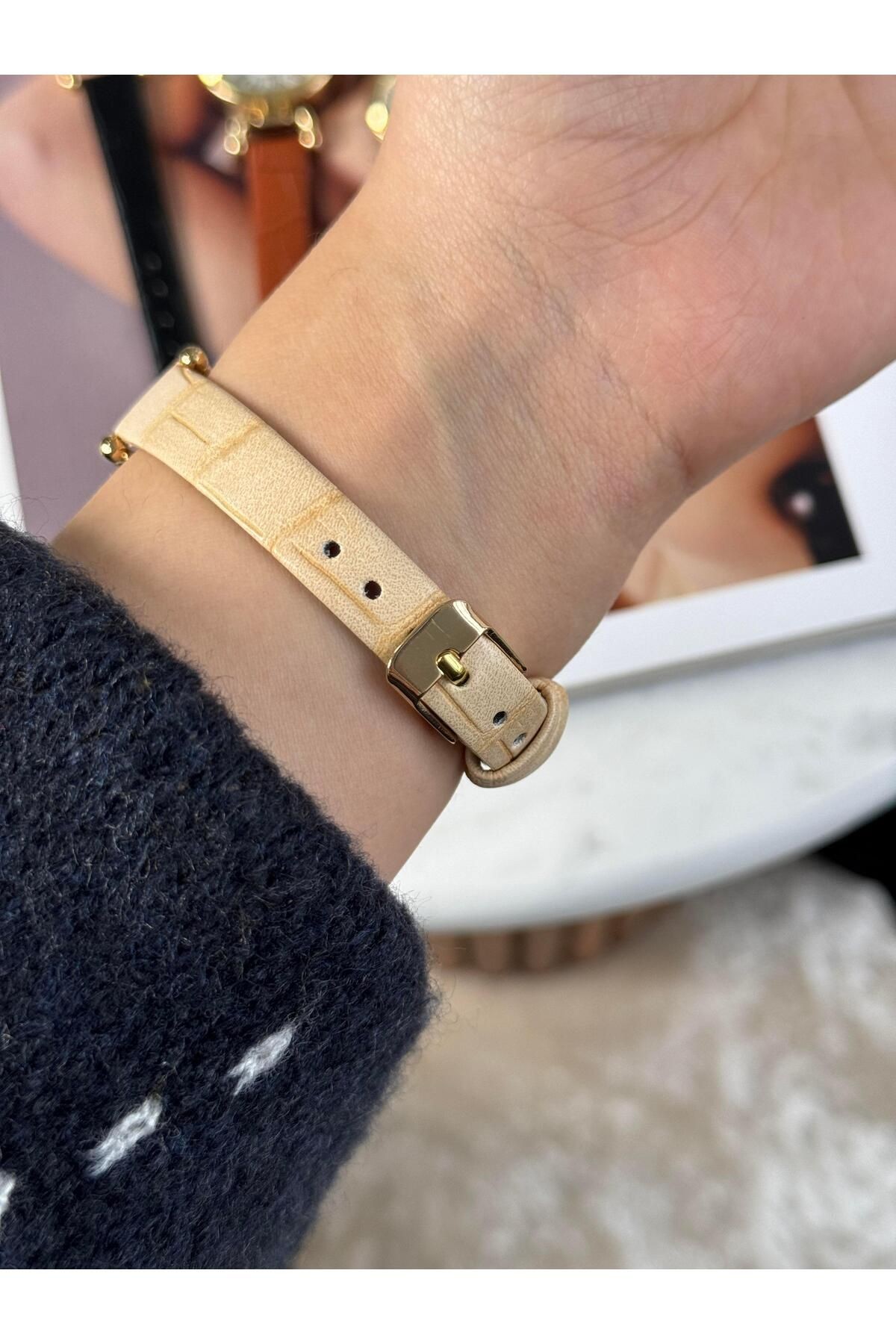 Mias Özel Seri Old Money Model Kadın Oval Krem Deri Minimal Vintage Yeni Sezon Gold Kol Saati