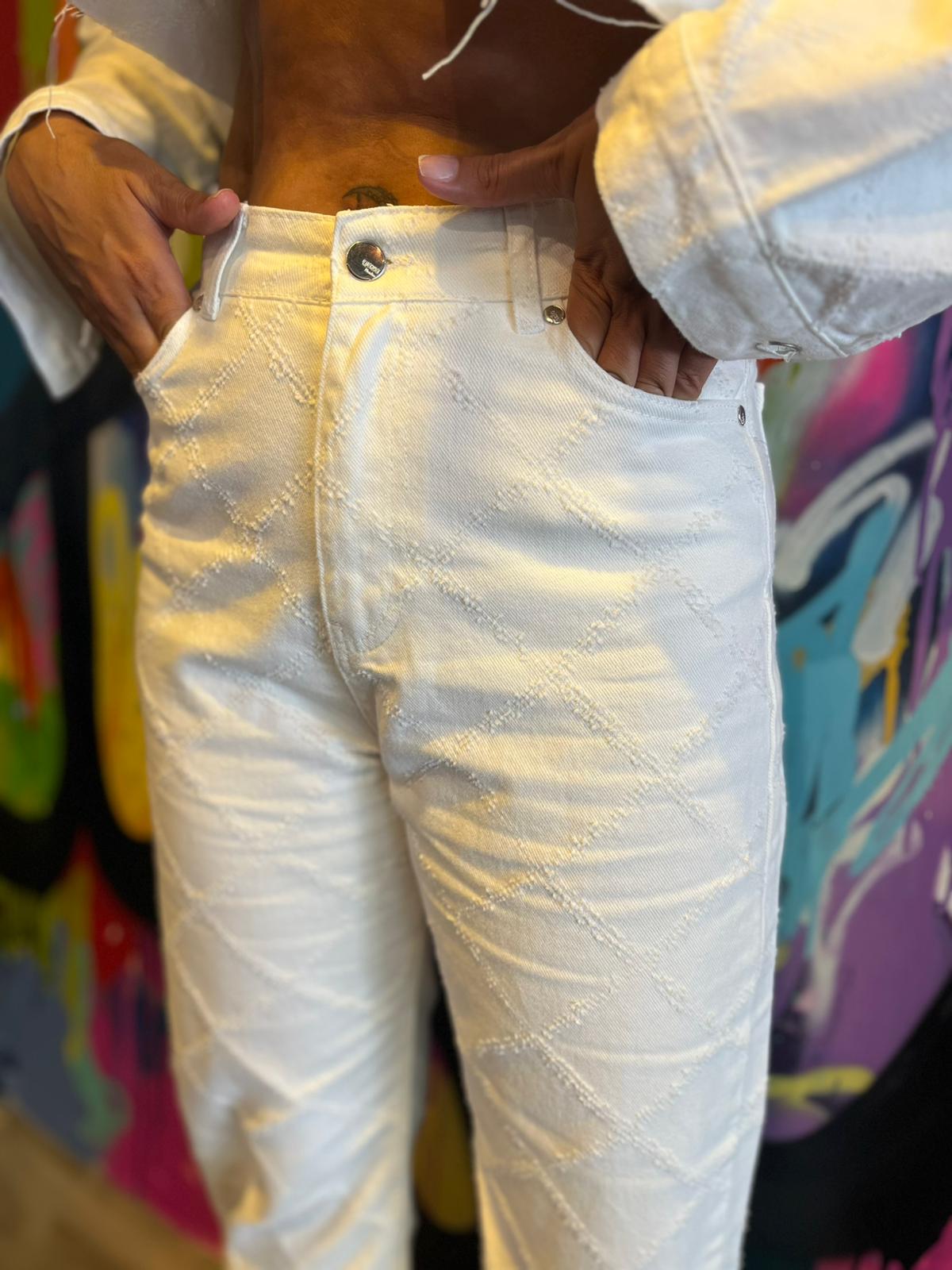 Kendinden Desenli Denim Palazzo (Beyaz)