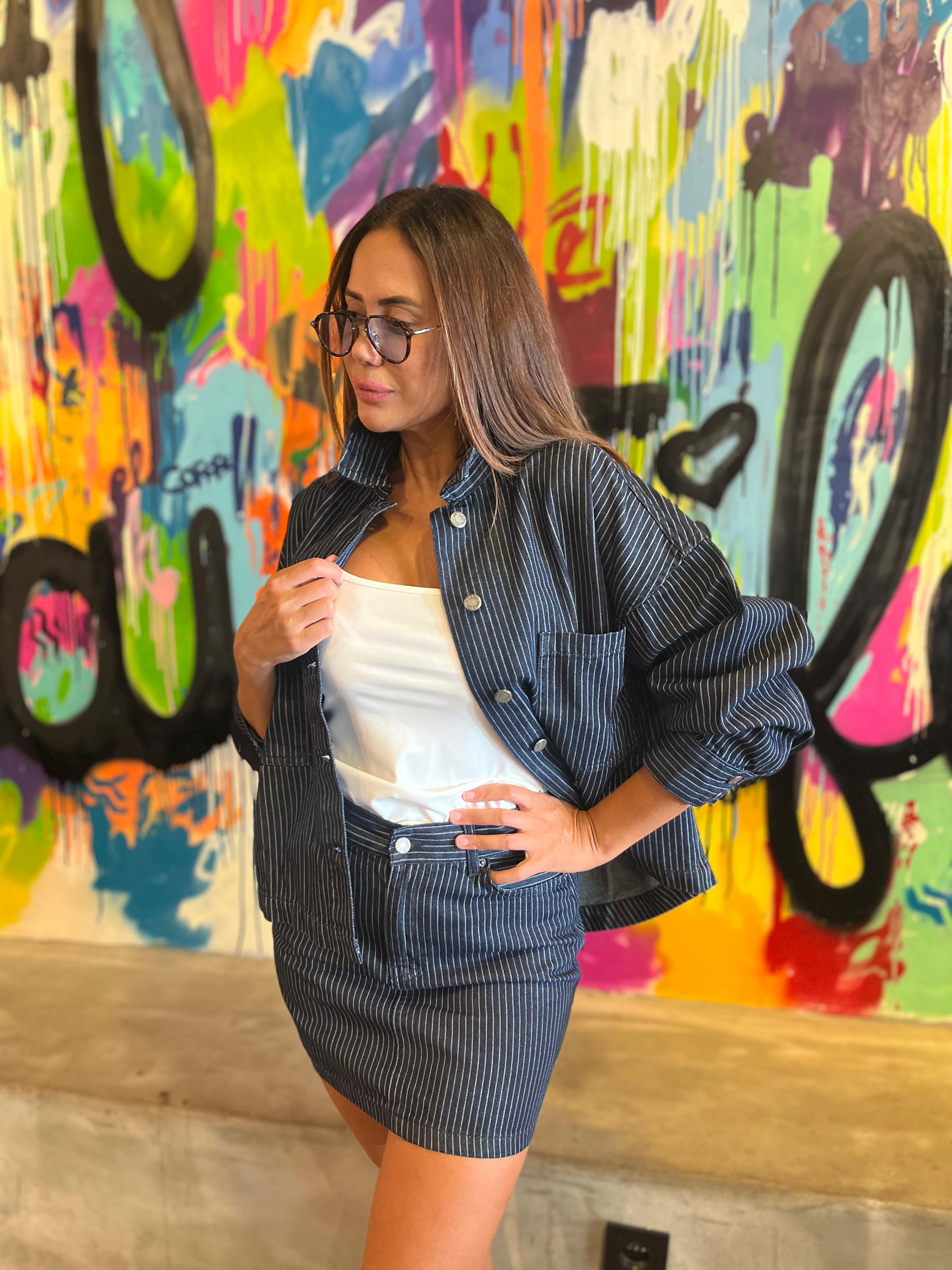 Çizgili Denim Etek Ceket Takım