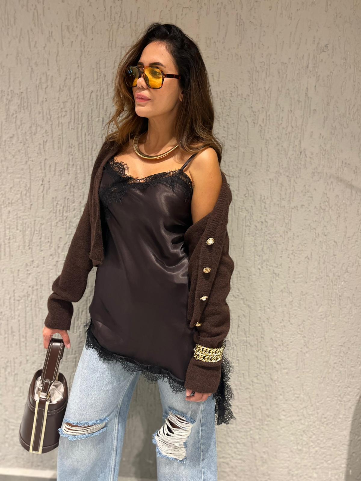 Marka Model Saten Dantel Bluz (Kahve) 