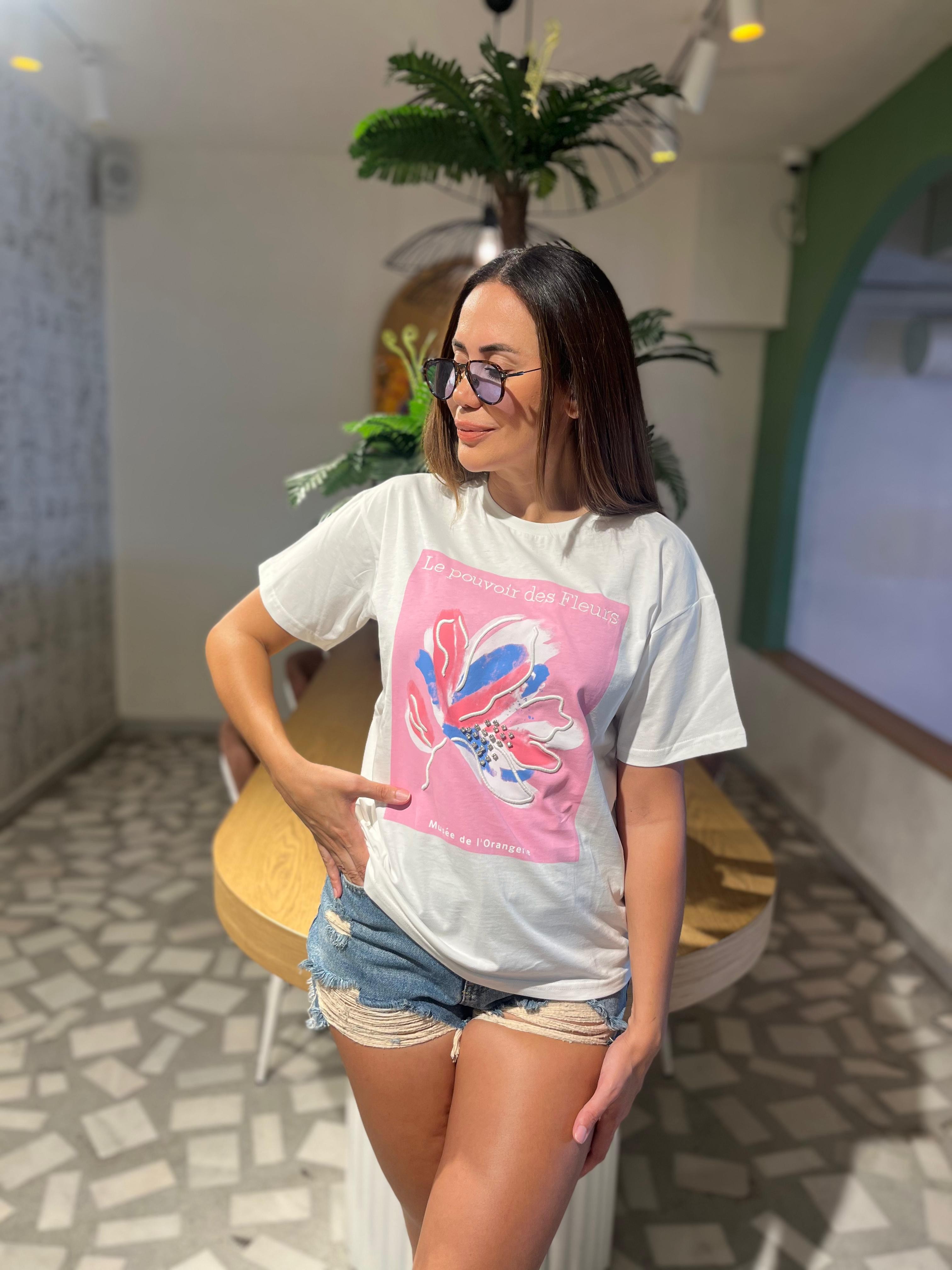 İşleme Detayli Taşlı Tshirt - Pembe