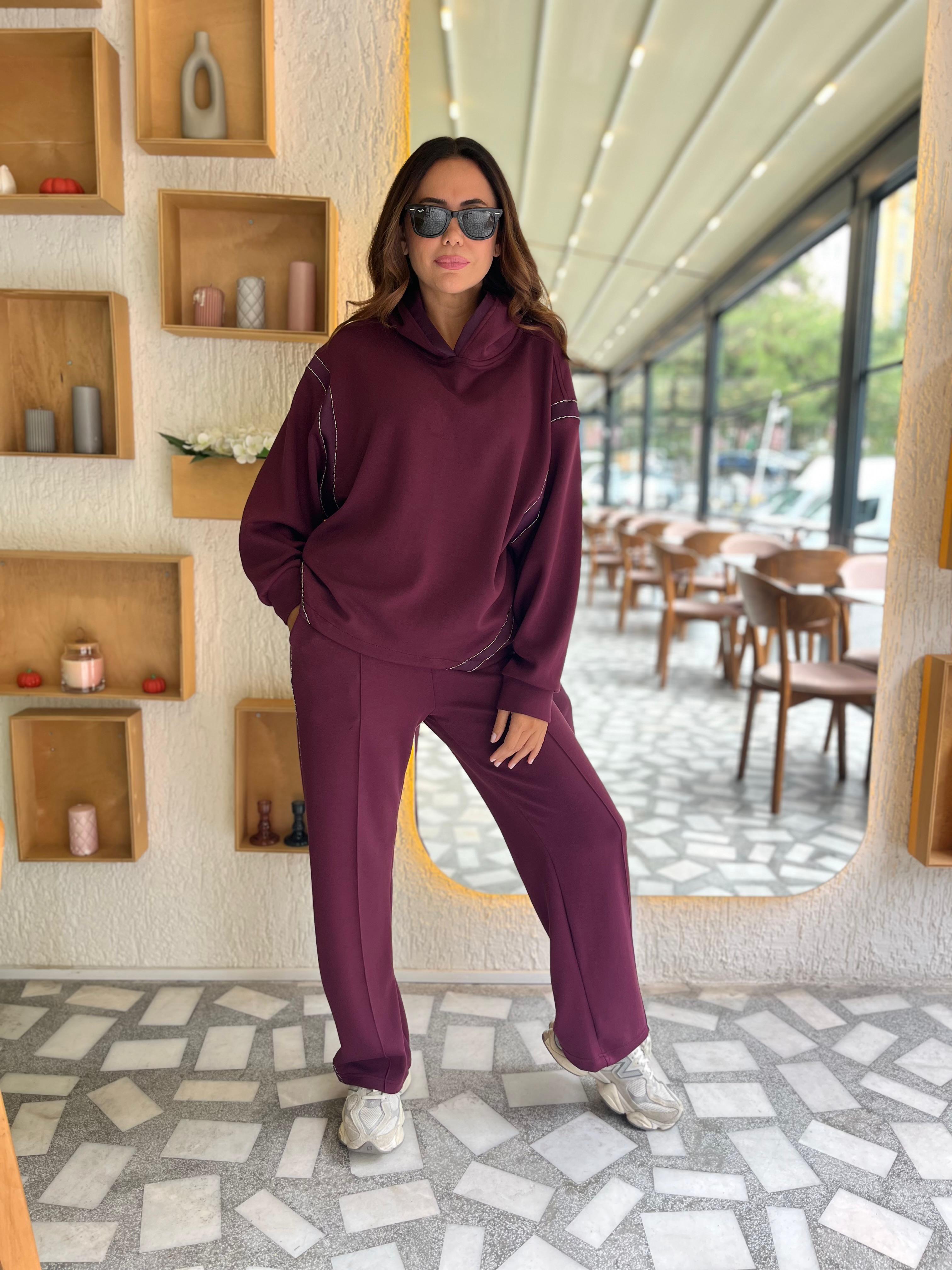 Modal Kumaş Aksesuar Şeritli Kapüşonlu Takım (Bordo) 