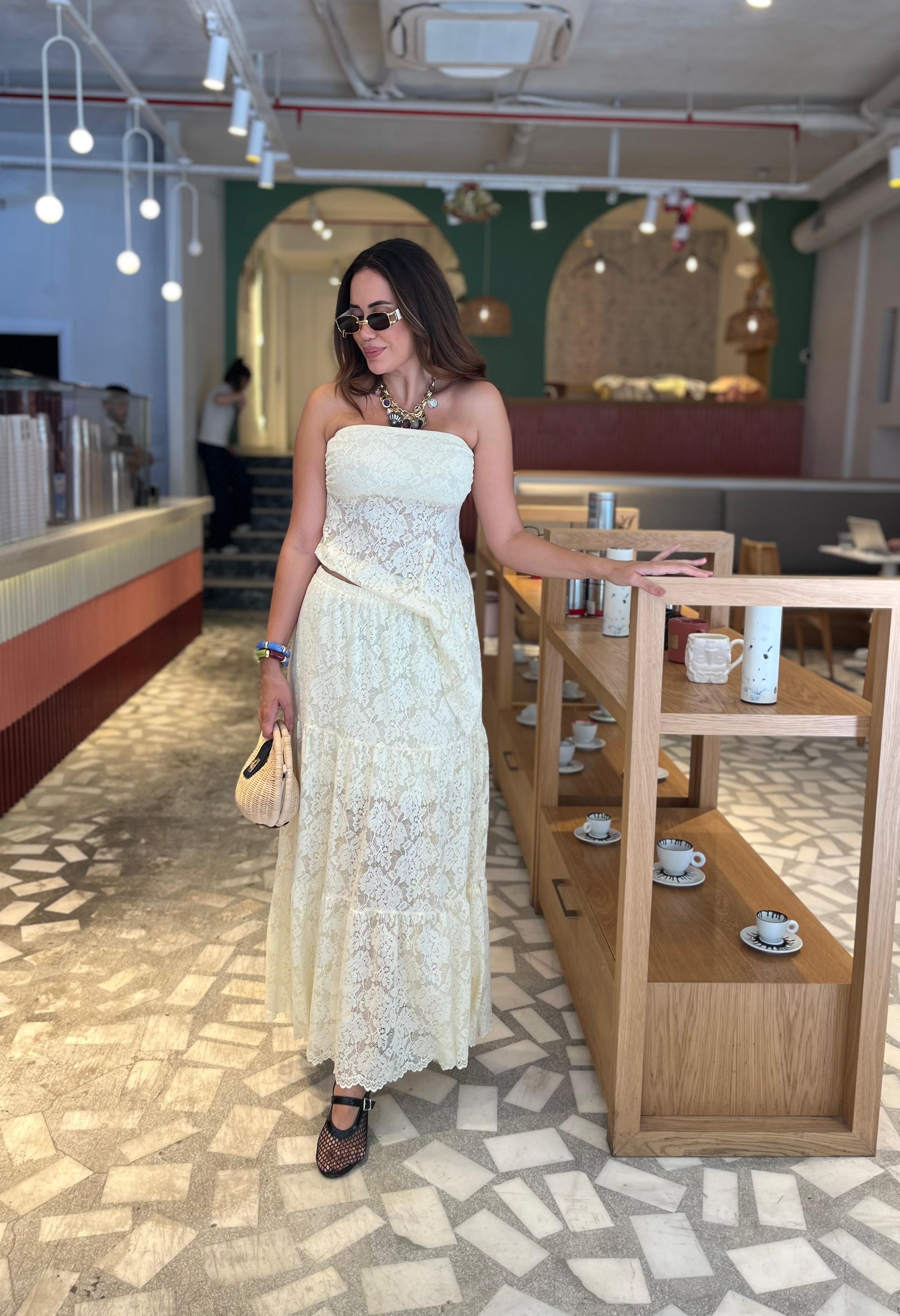 Straplez Dantel Etek Takım (Sarı)