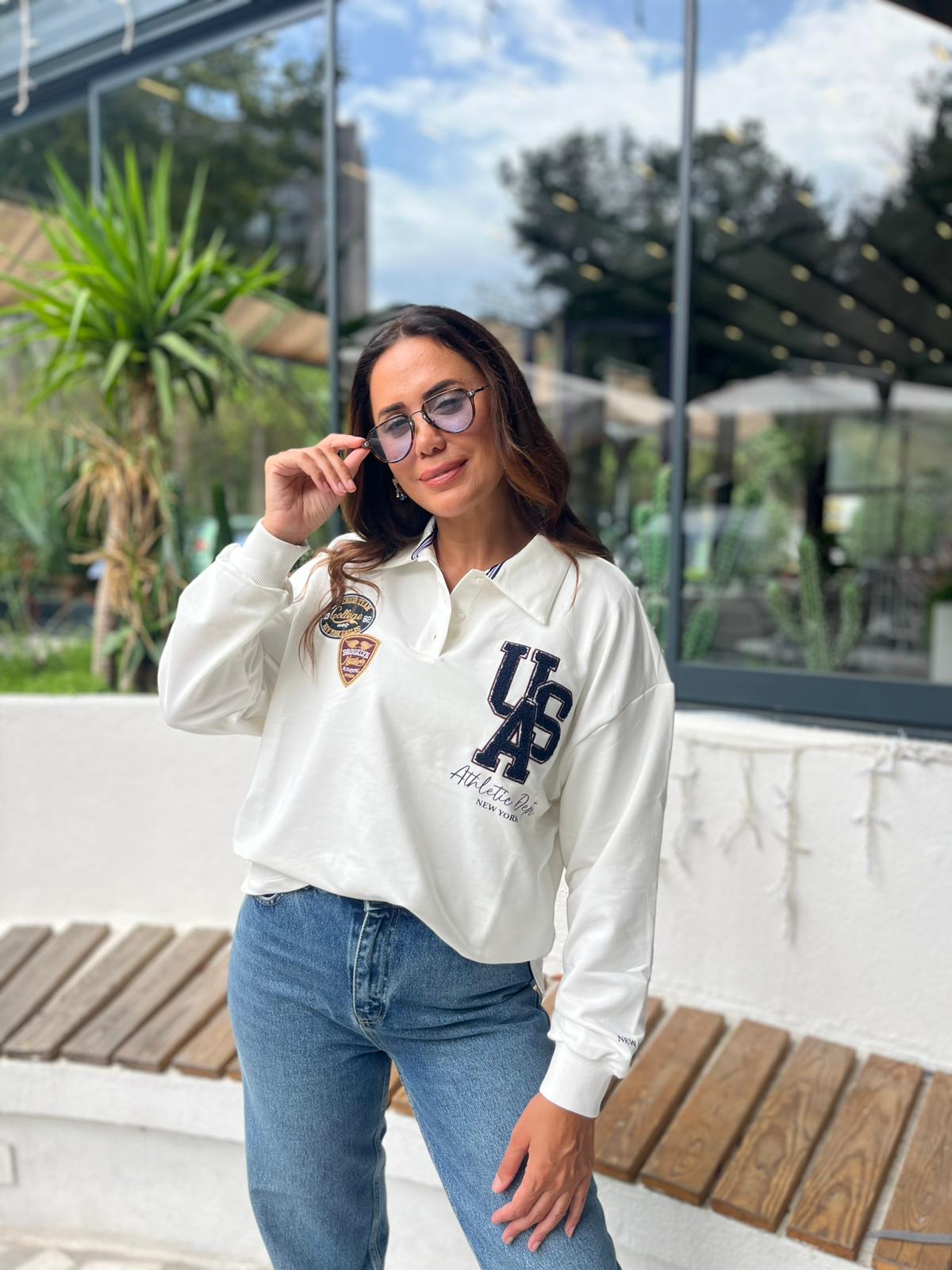 Polo Yaka Baskılı İnce Sweat 