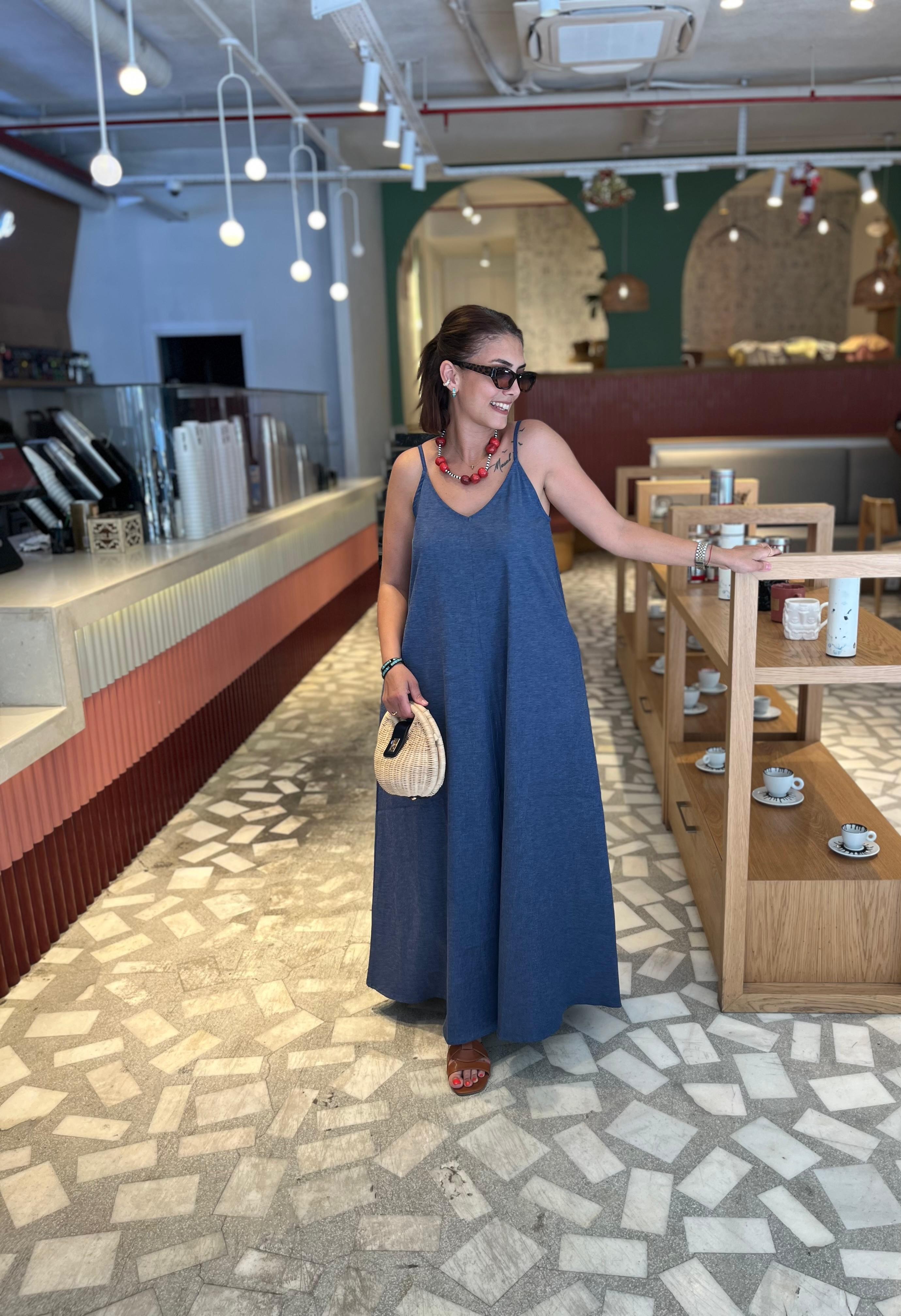 Likralı Denim Maxi Çan Elbise