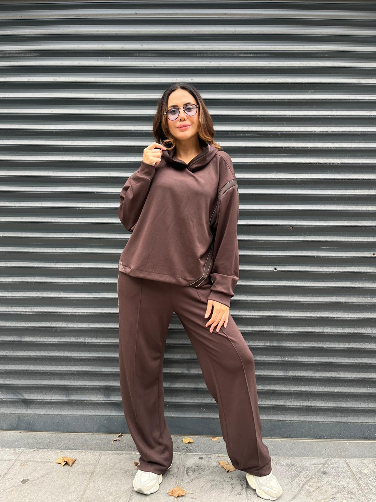 Modal Kumaş Aksesuar Şeritli Kapüsonlu Takım (Kahve)