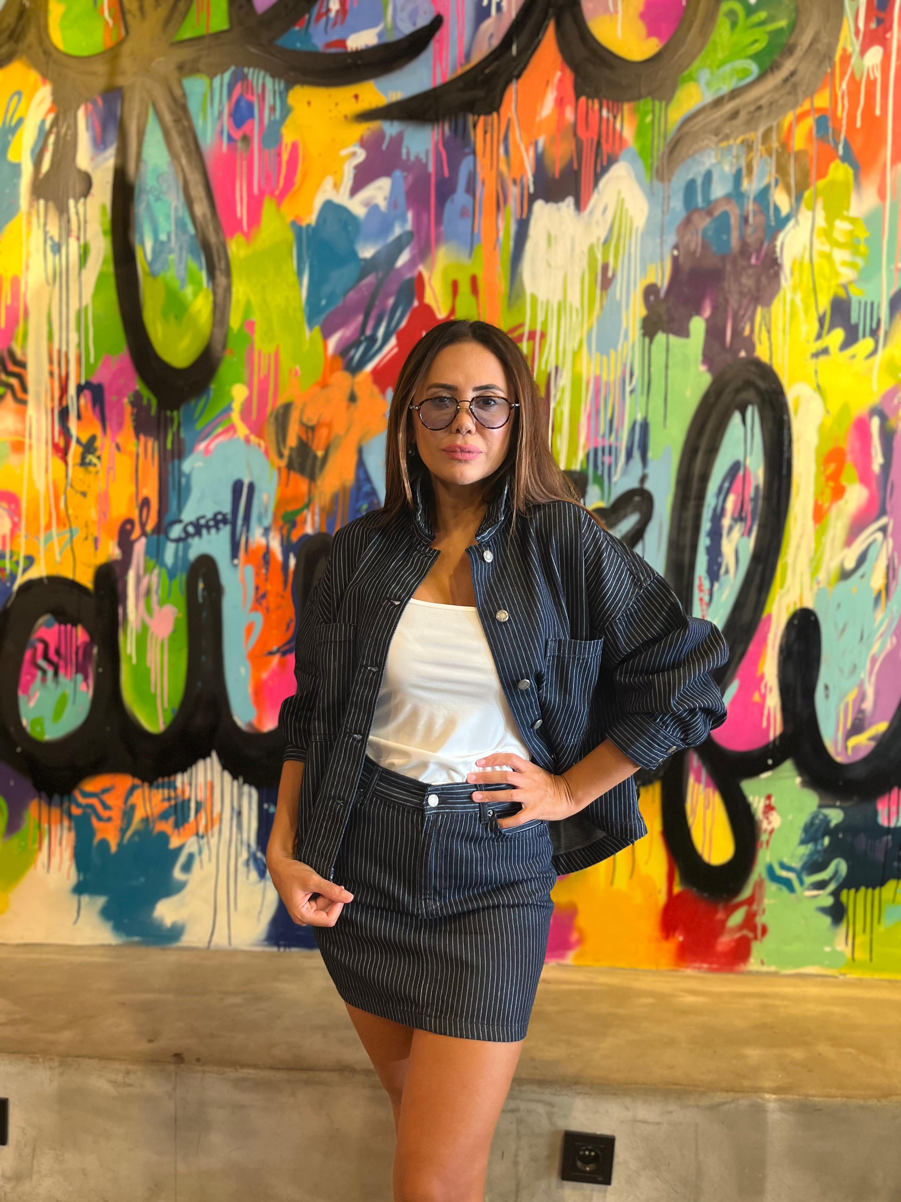 Çizgili Denim Etek Ceket Takım