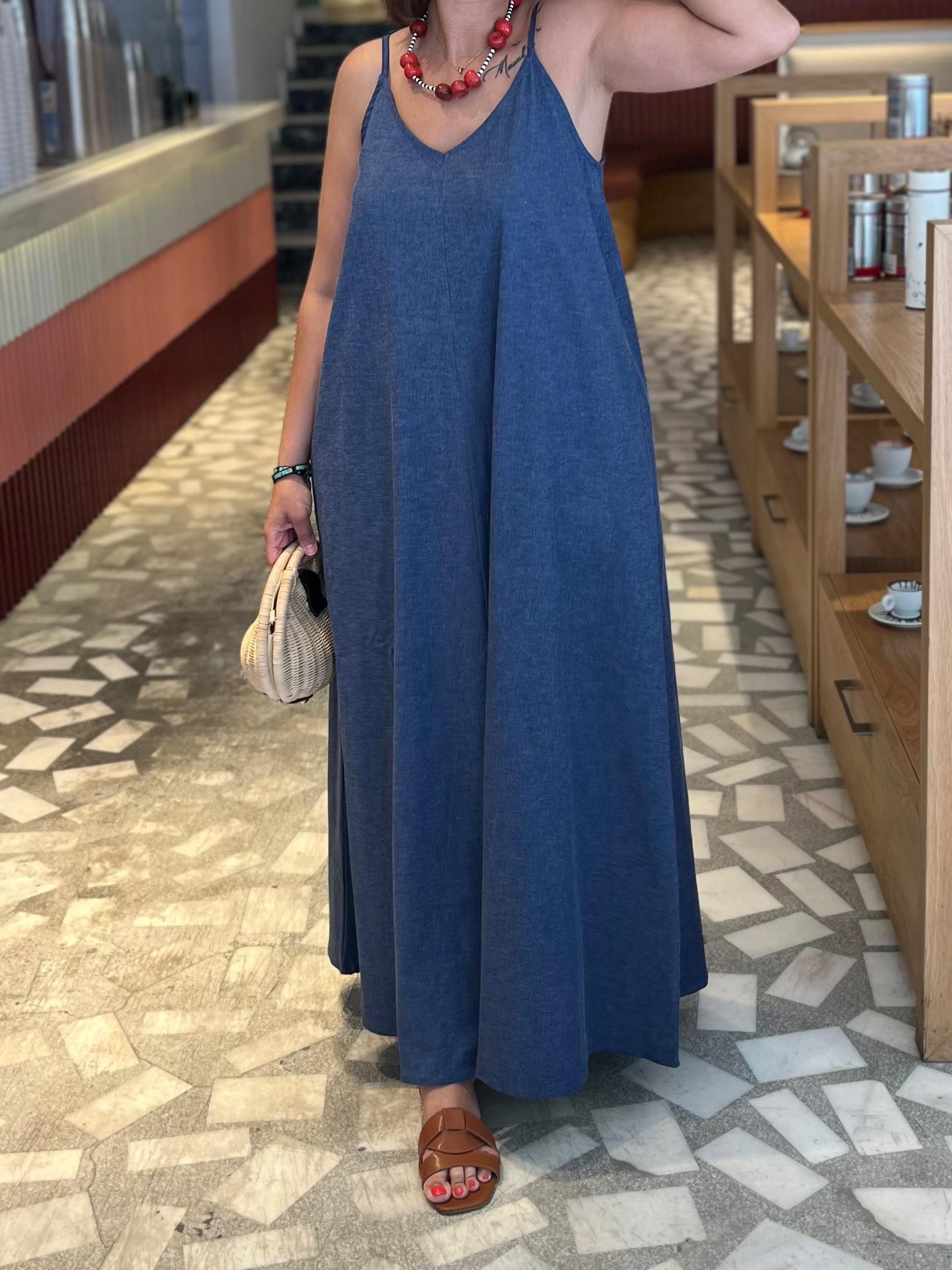 Likralı Denim Maxi Çan Elbise