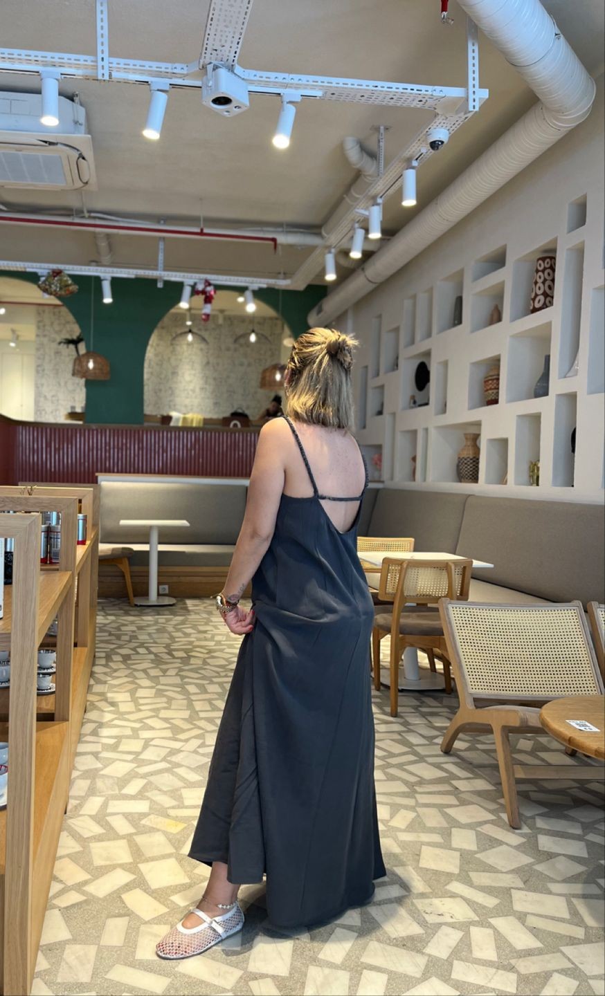 Sırt Pencereli Lastik Askılı Maxi Elbise Antrasit