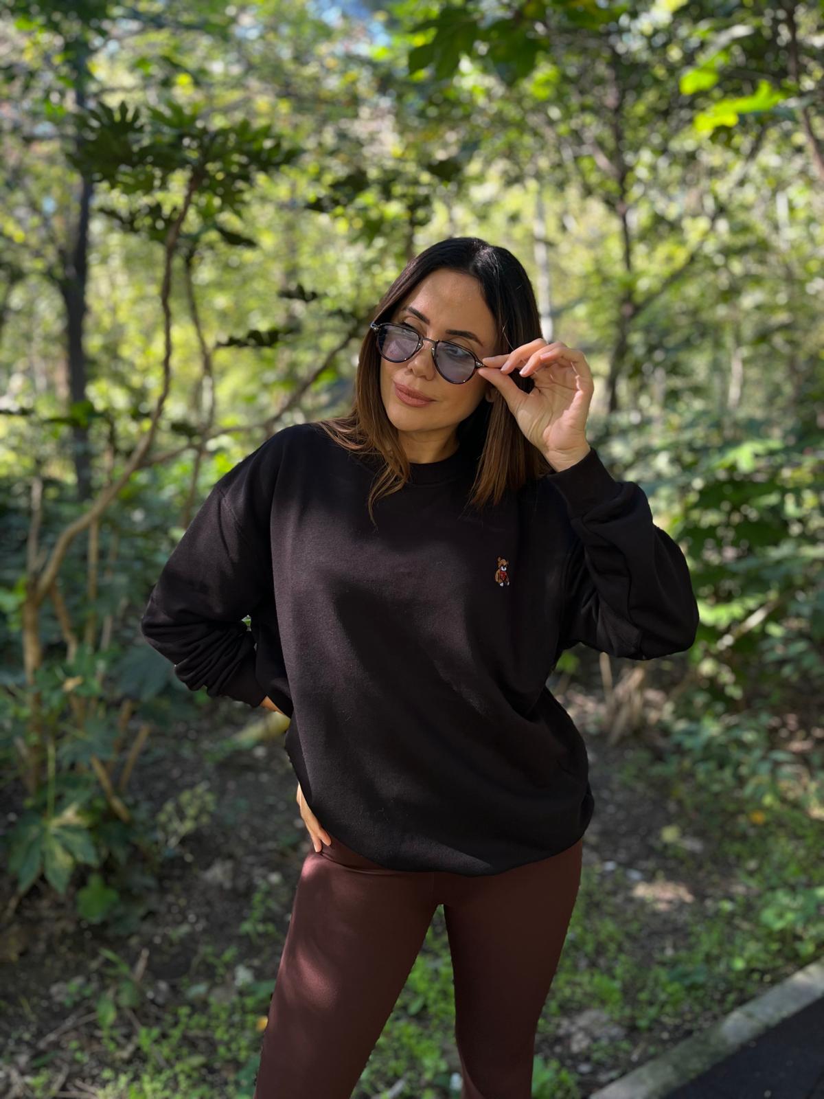 Ayıcık Nakışli Sweatshirt  - Siyah