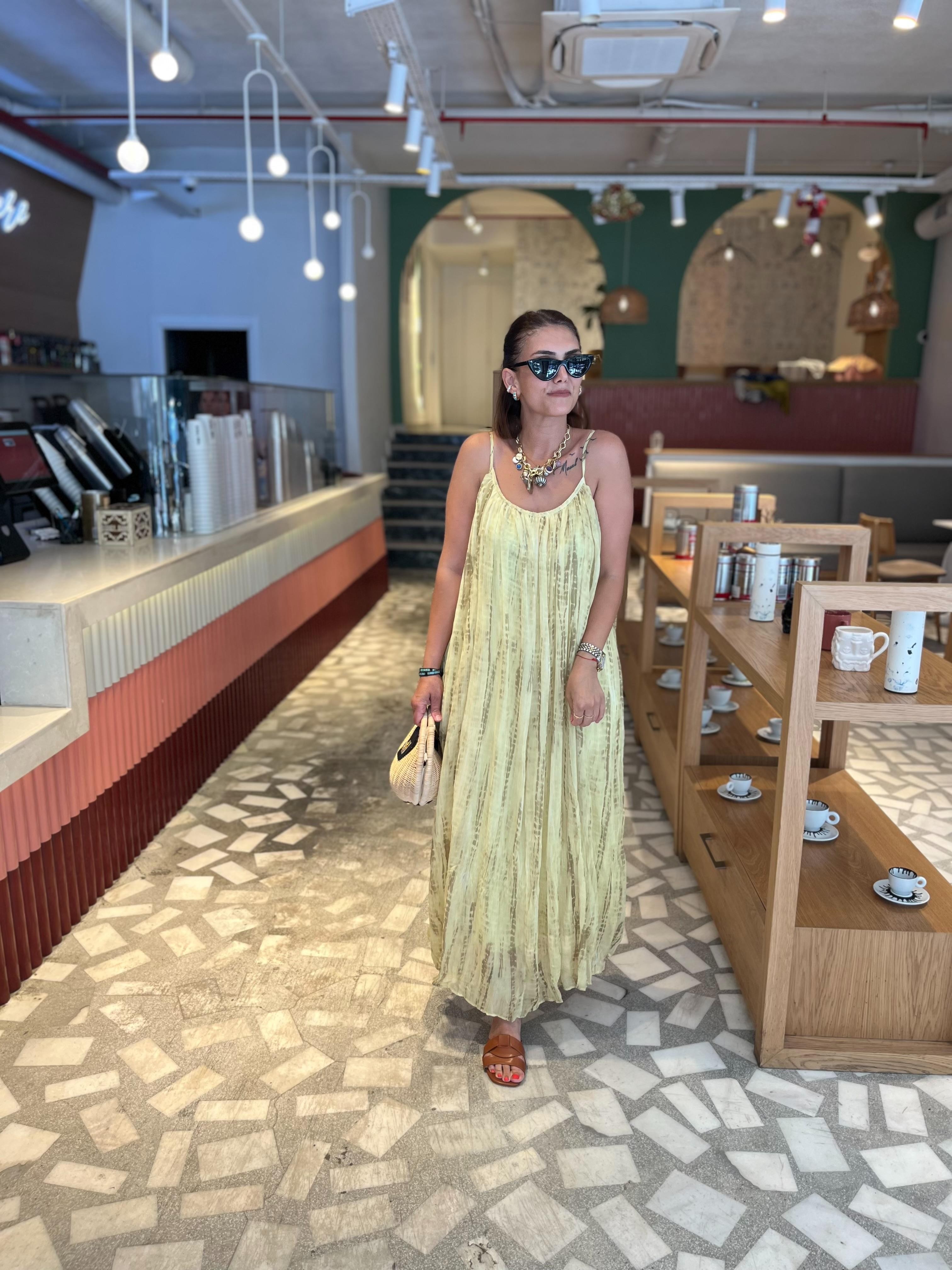İp Kollu Batik Desen Şifon Elbise