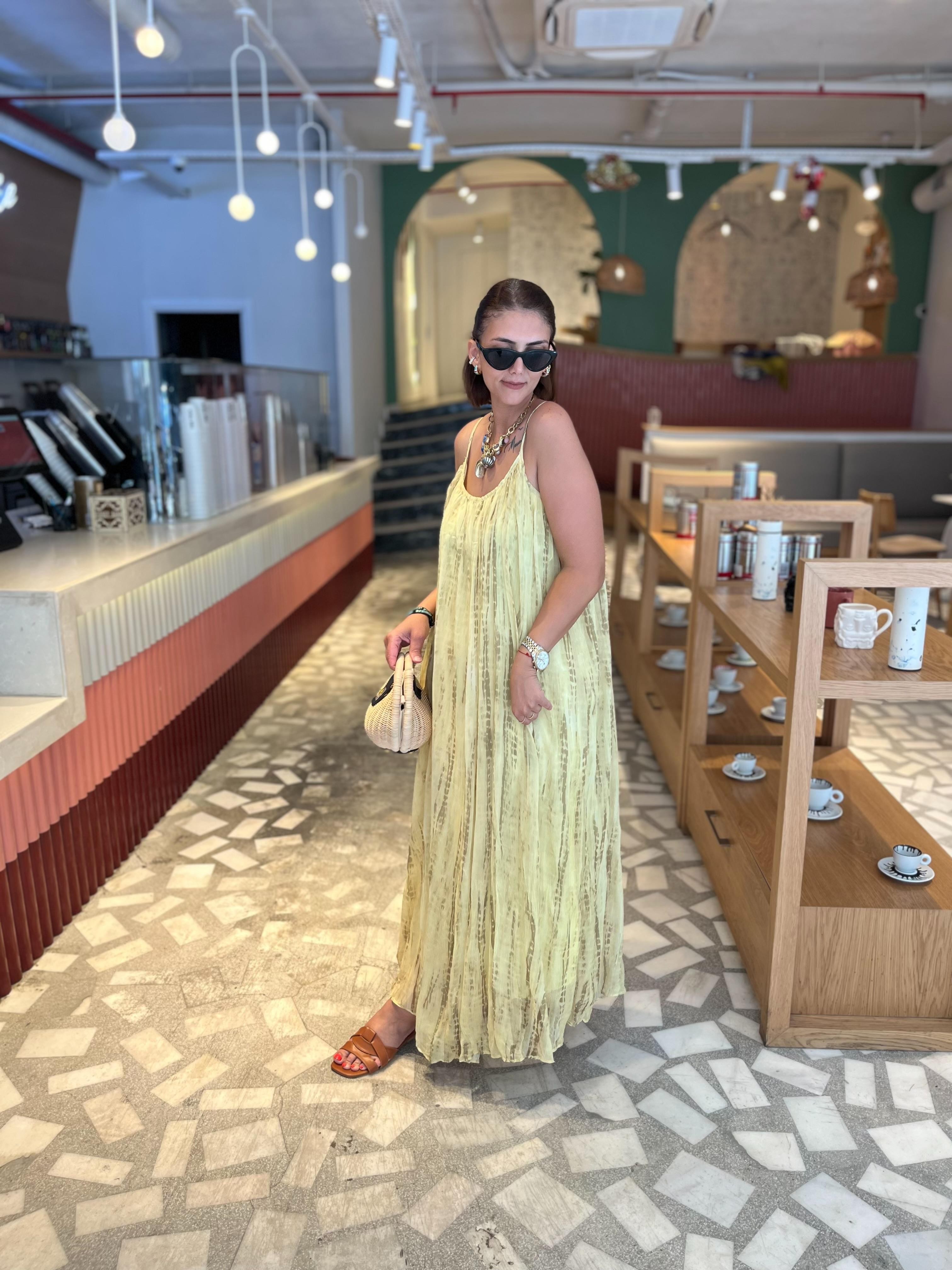 İp Kollu Batik Desen Şifon Elbise
