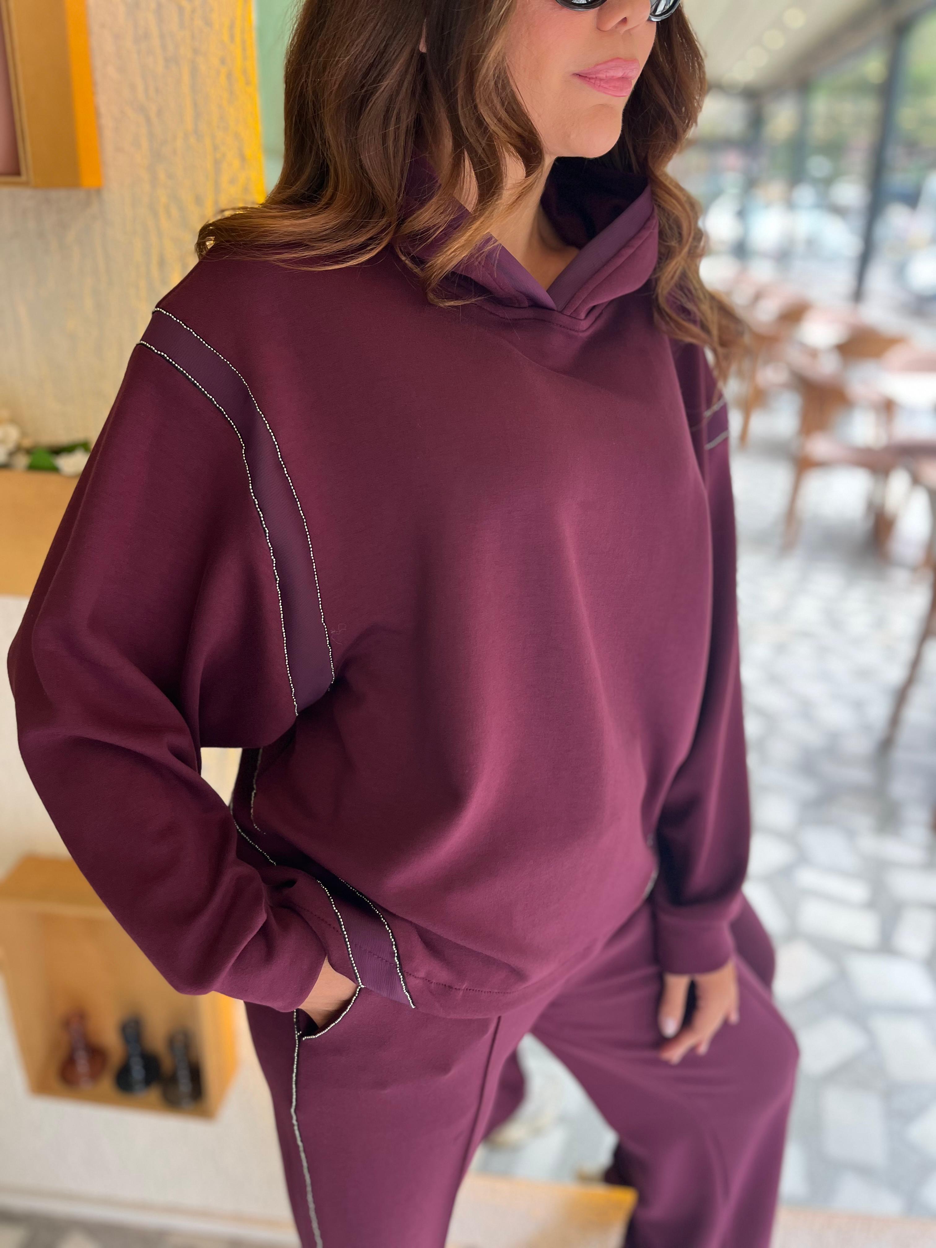 Modal Kumaş Aksesuar Şeritli Kapüşonlu Takım (Bordo) 