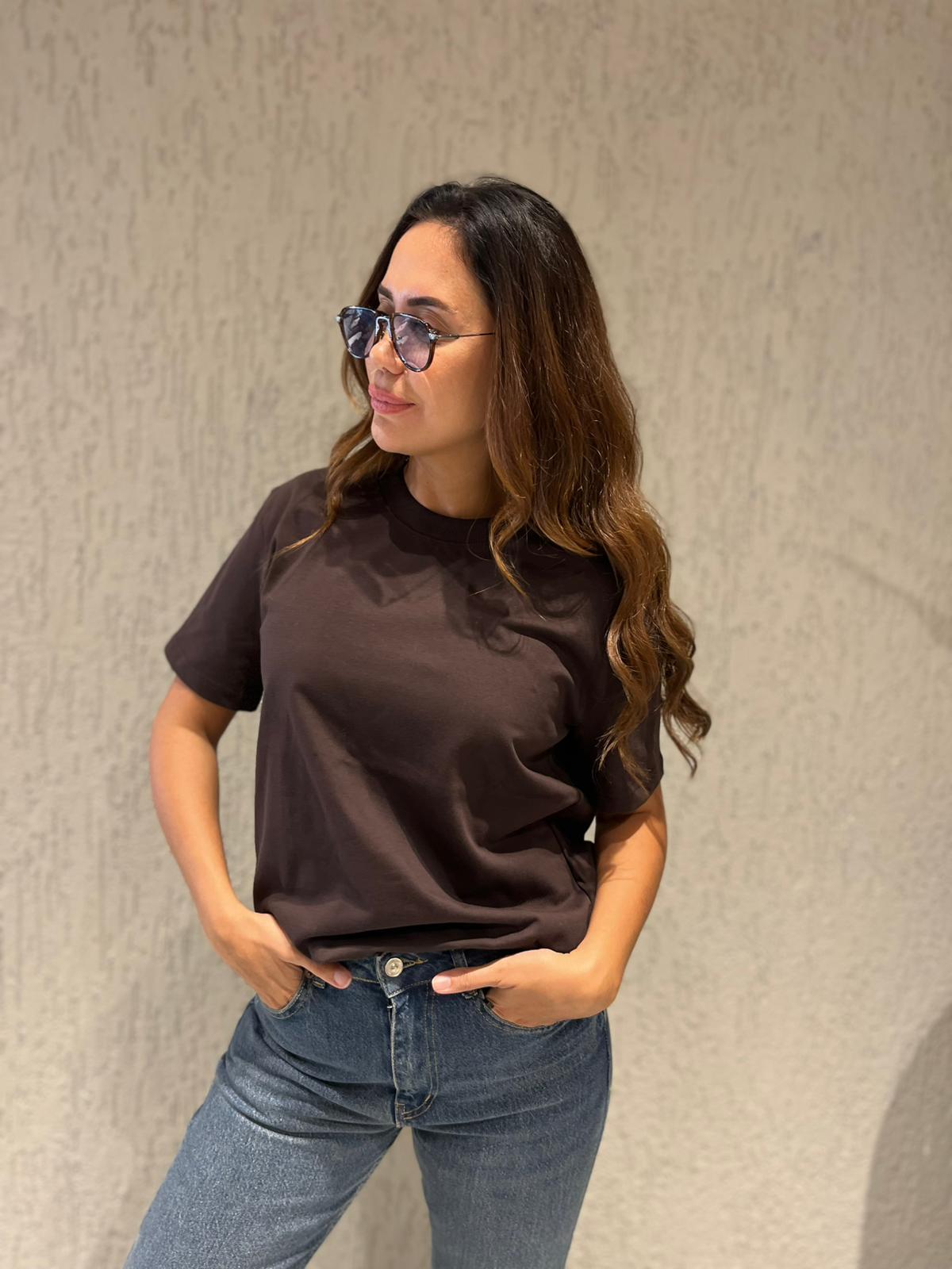 Tok Kumaş Basic Tshirt - Kahve