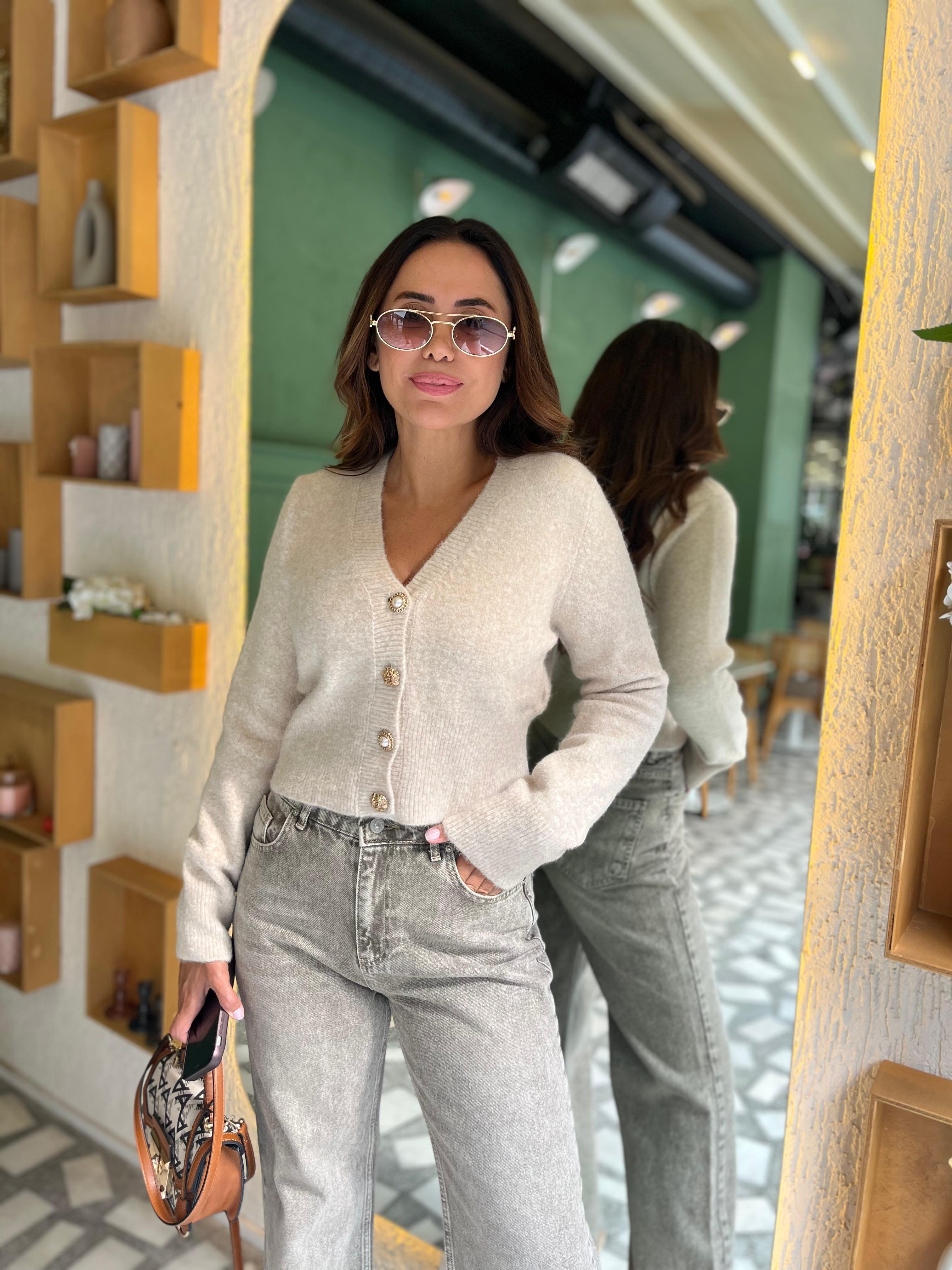 İnci Düğmeli Crop Hırka - Bej