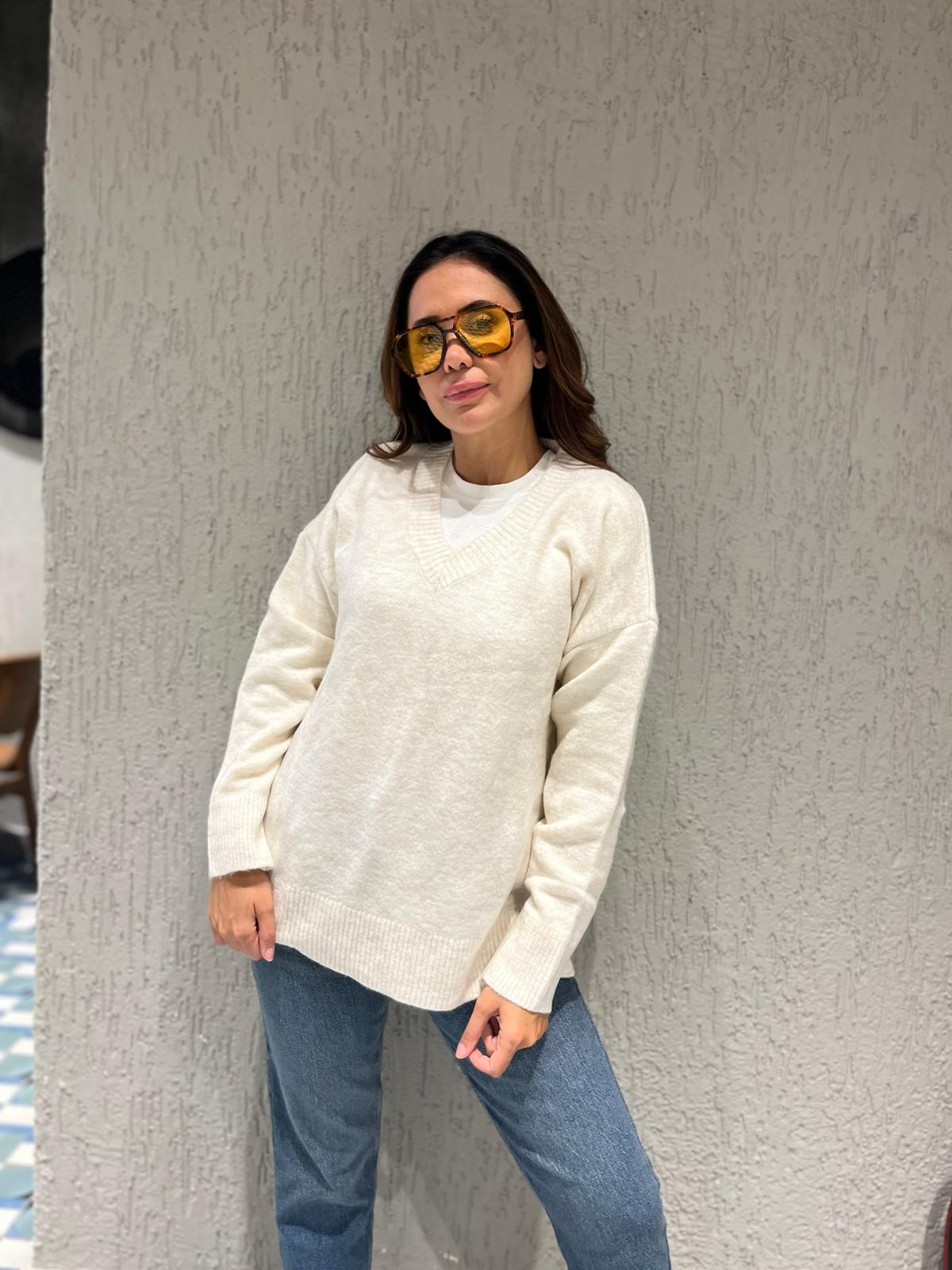 Premium Kaşmir V Yaka Triko - Ekru