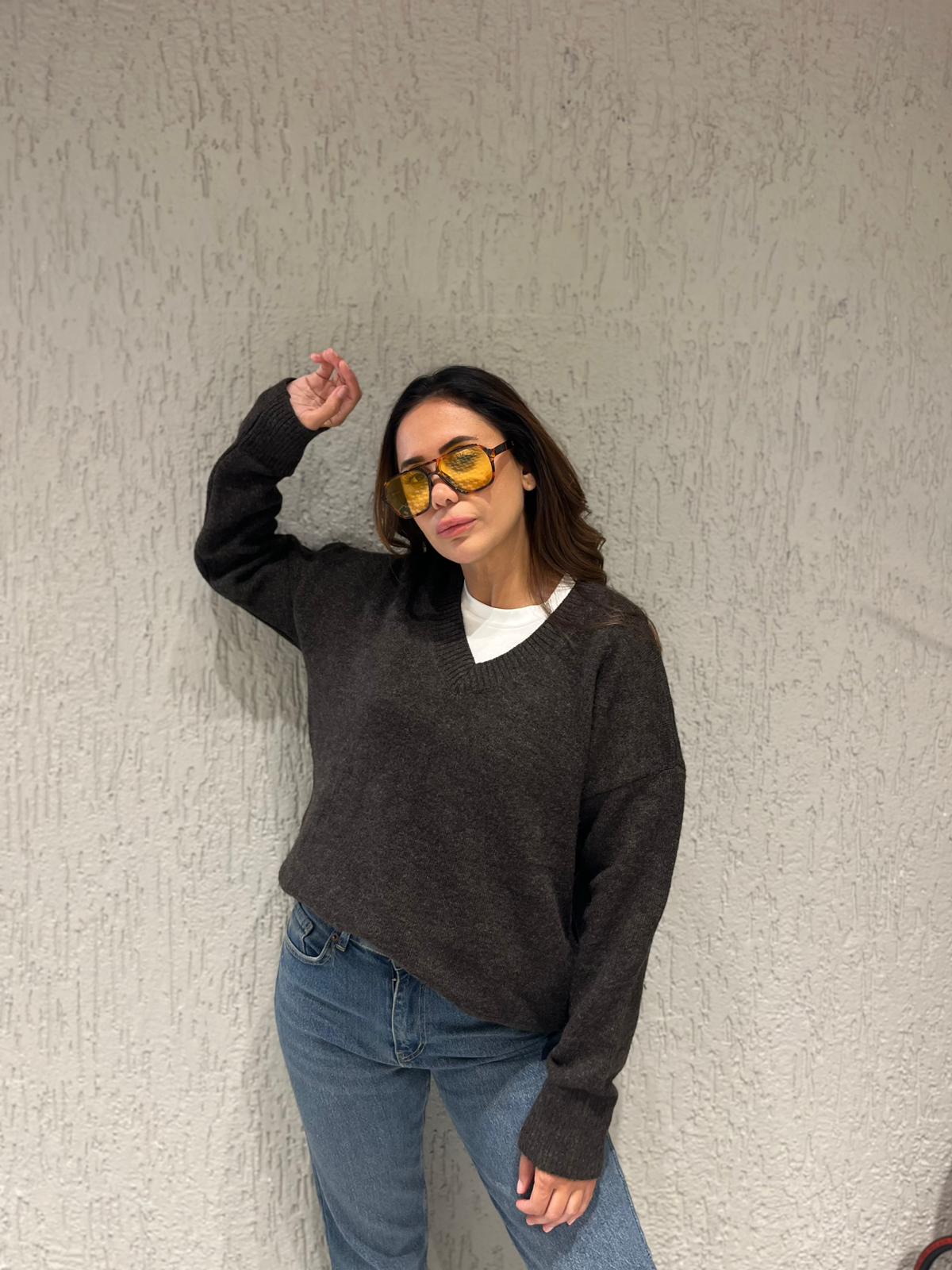 Premium Kaşmir V Yaka Triko - Kahve