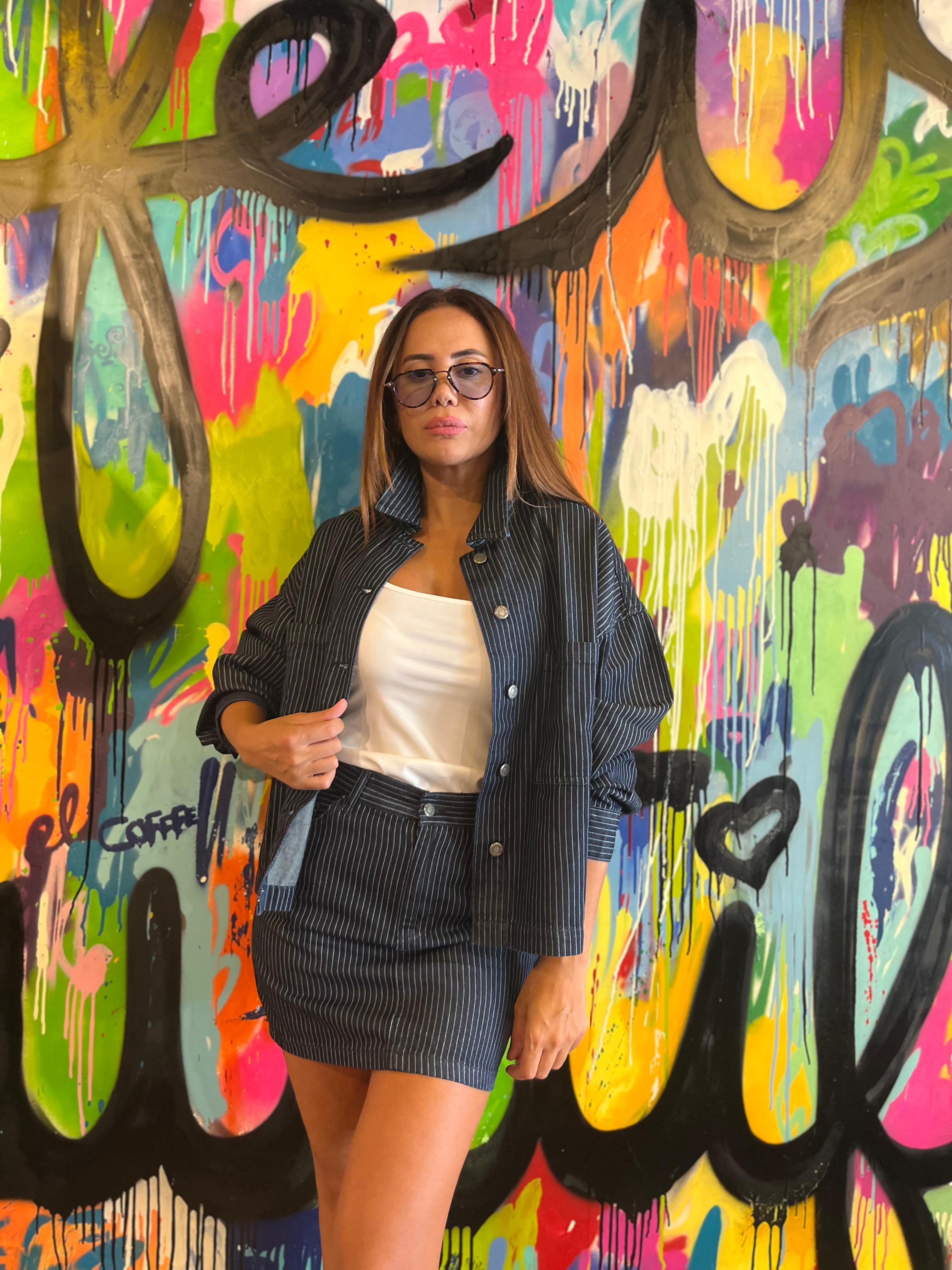 Çizgili Denim Etek Ceket Takım