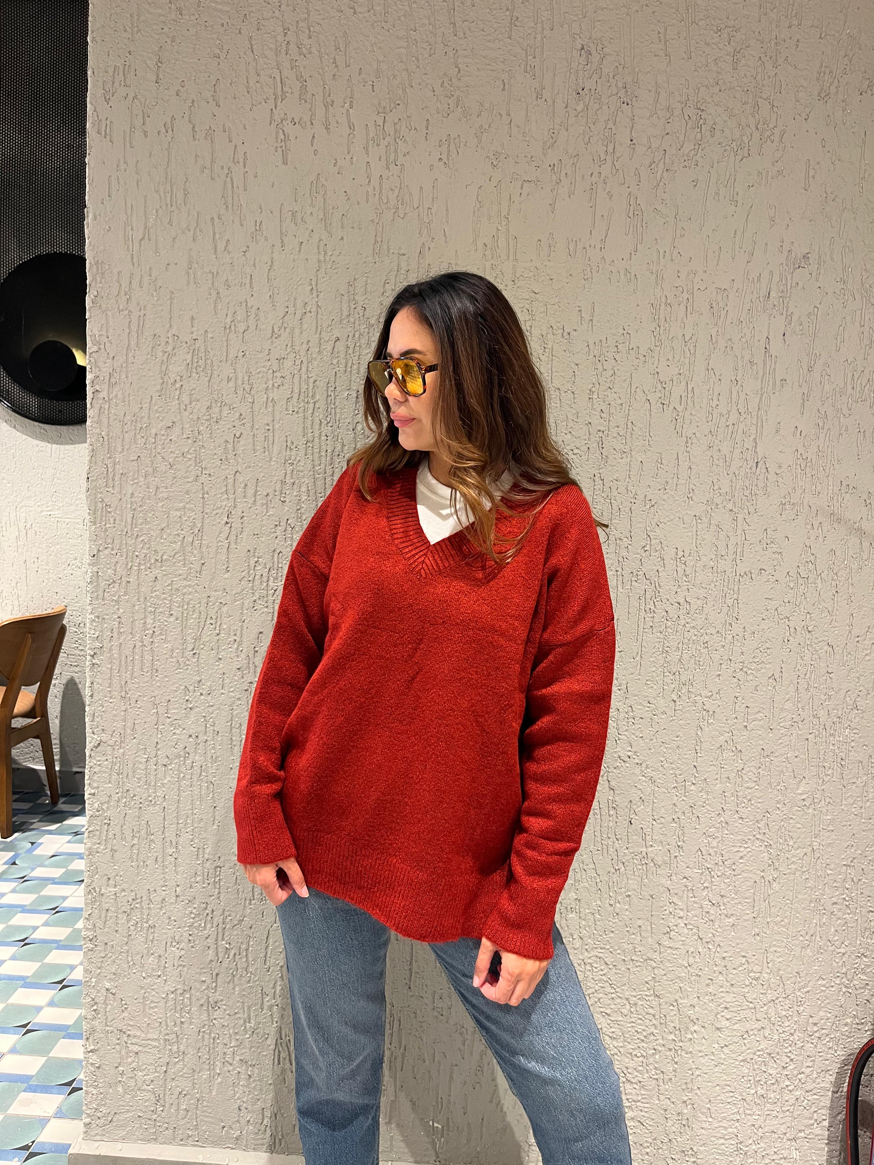 Premium Kaşmir V Yaka Triko - Kırmızı