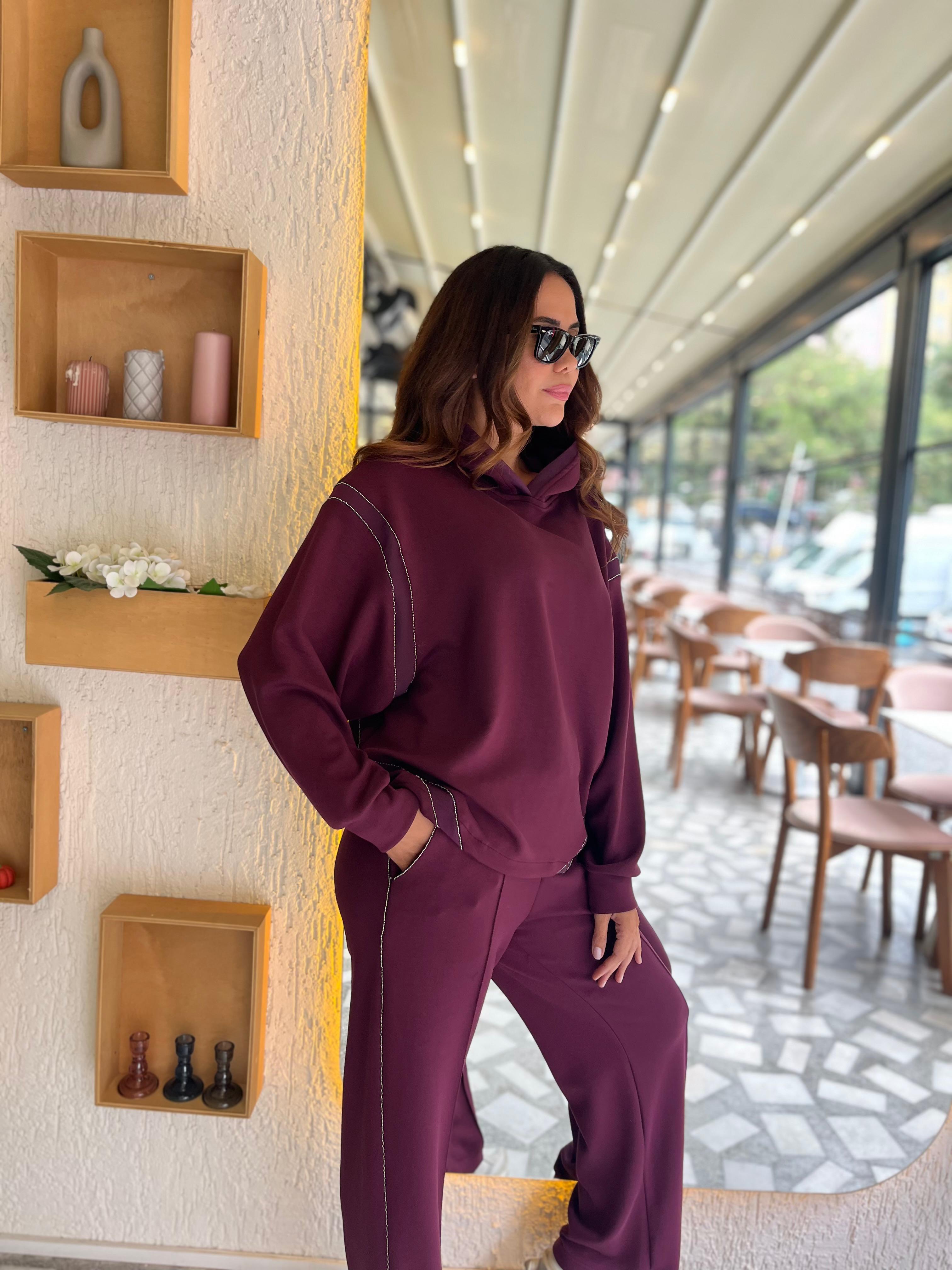 Modal Kumaş Aksesuar Şeritli Kapüşonlu Takım (Bordo) 