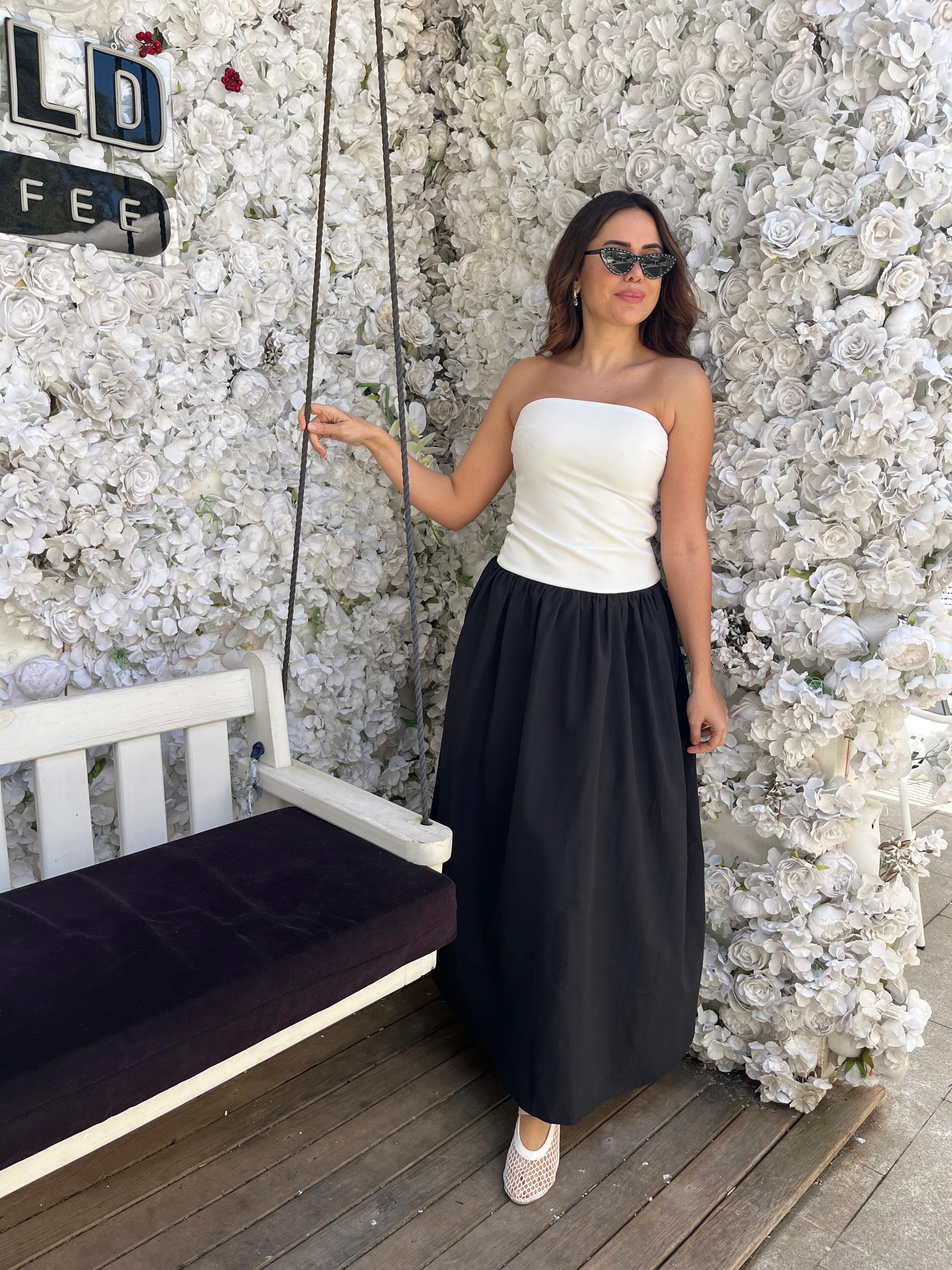 Çift Renkli Maxi Straplez Elbise