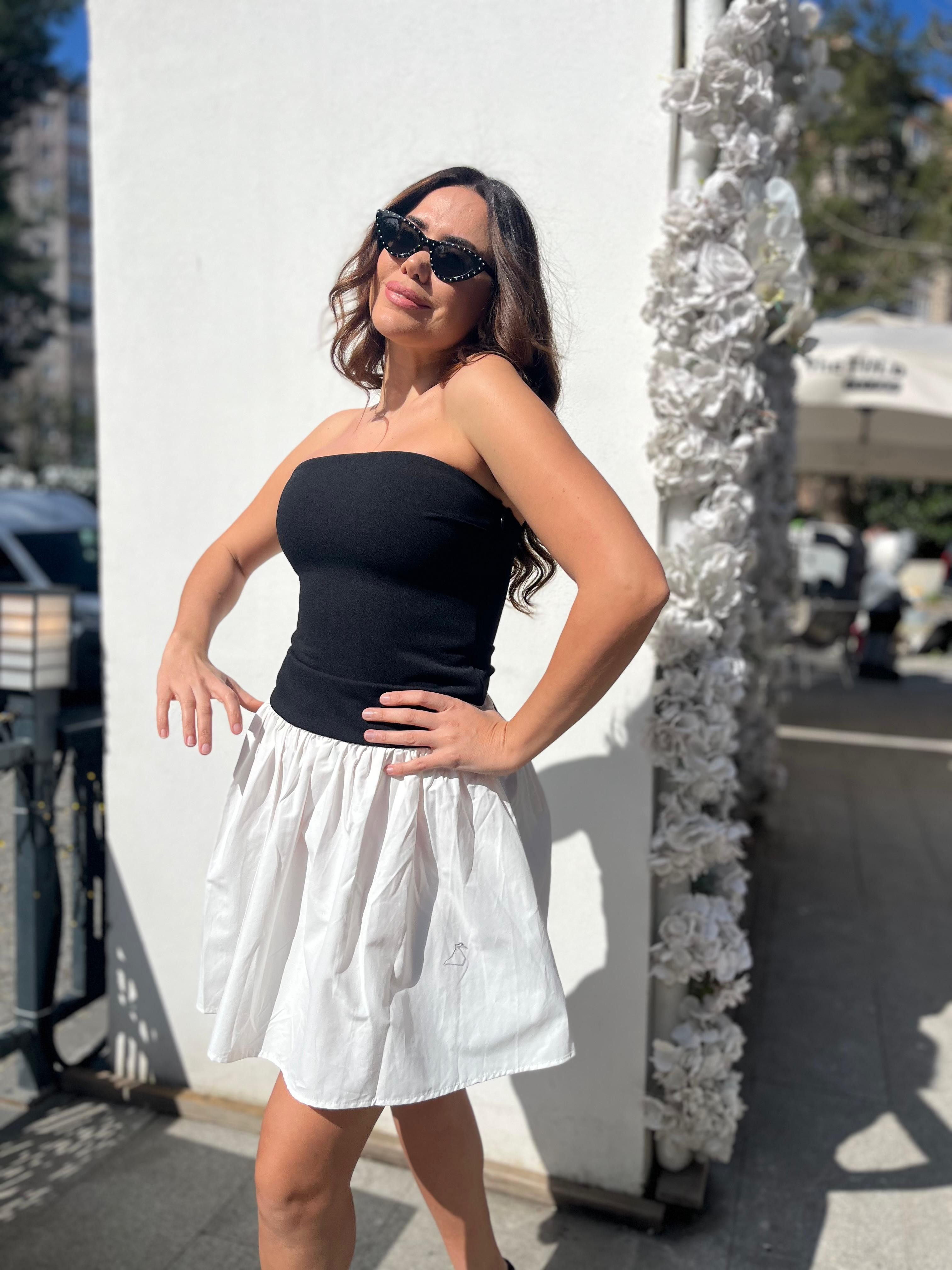 Siyah Beyaz Straplez Elbise Mini