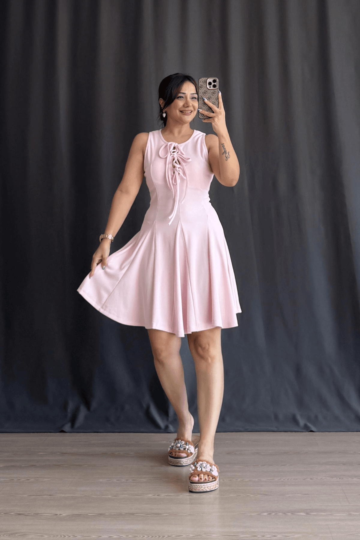 Fungus Bağlama Detaylı Elbise - PEMBE
