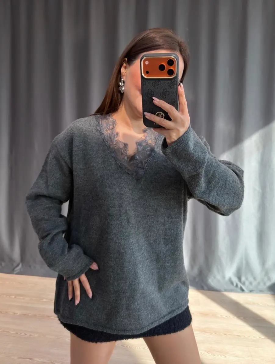 Dantel Yaka Kazak Koyu Gri