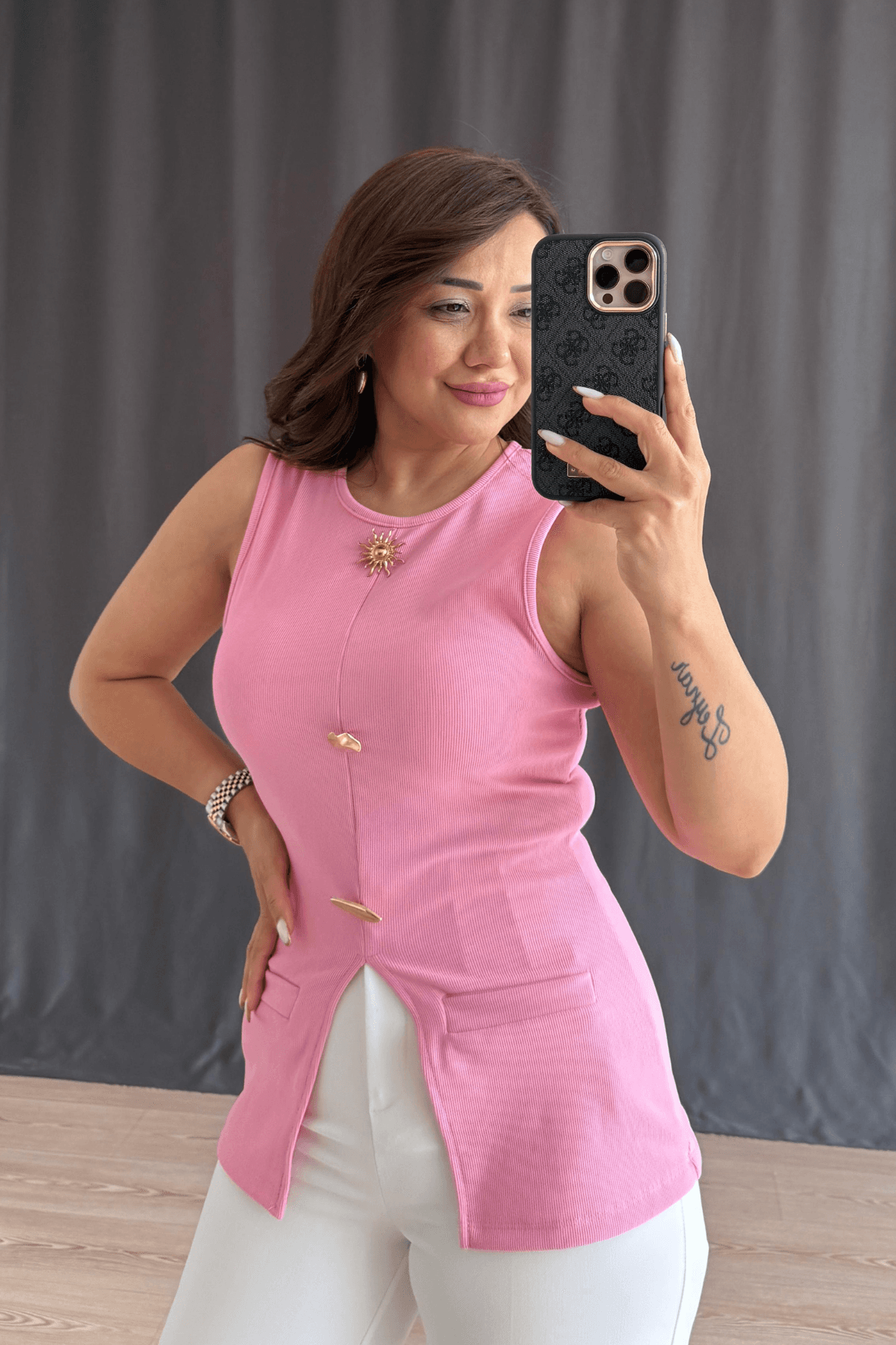 Benty Ön Yırtmaç Detaylı Bluz - PEMBE