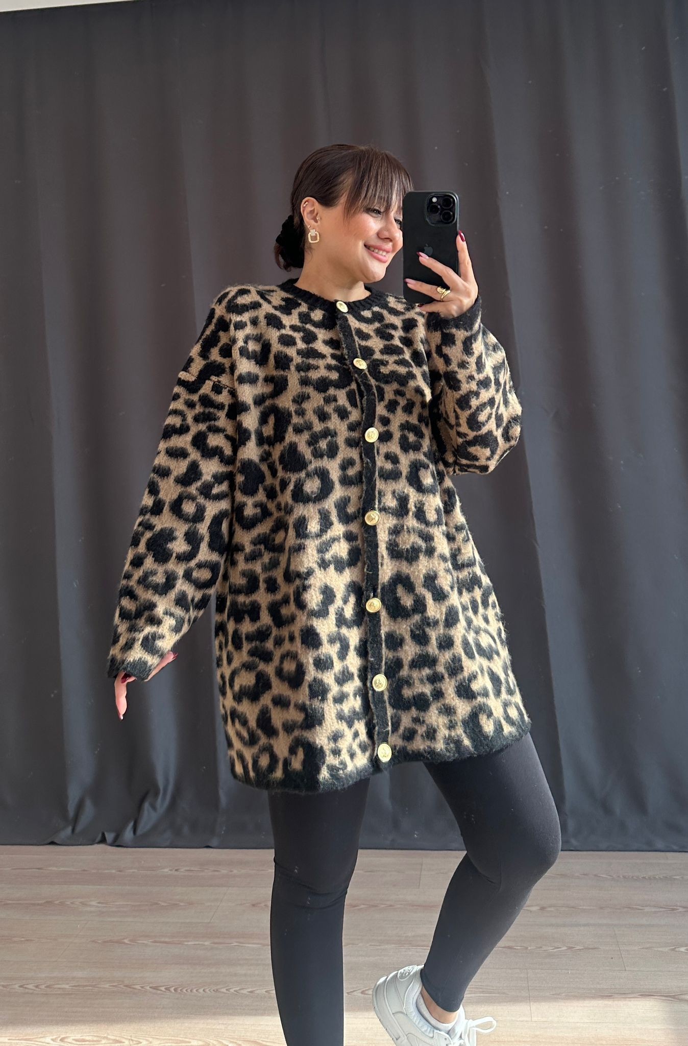 LEOPAR DESENLİ OVERSİZE HIRKA • KAHVE 