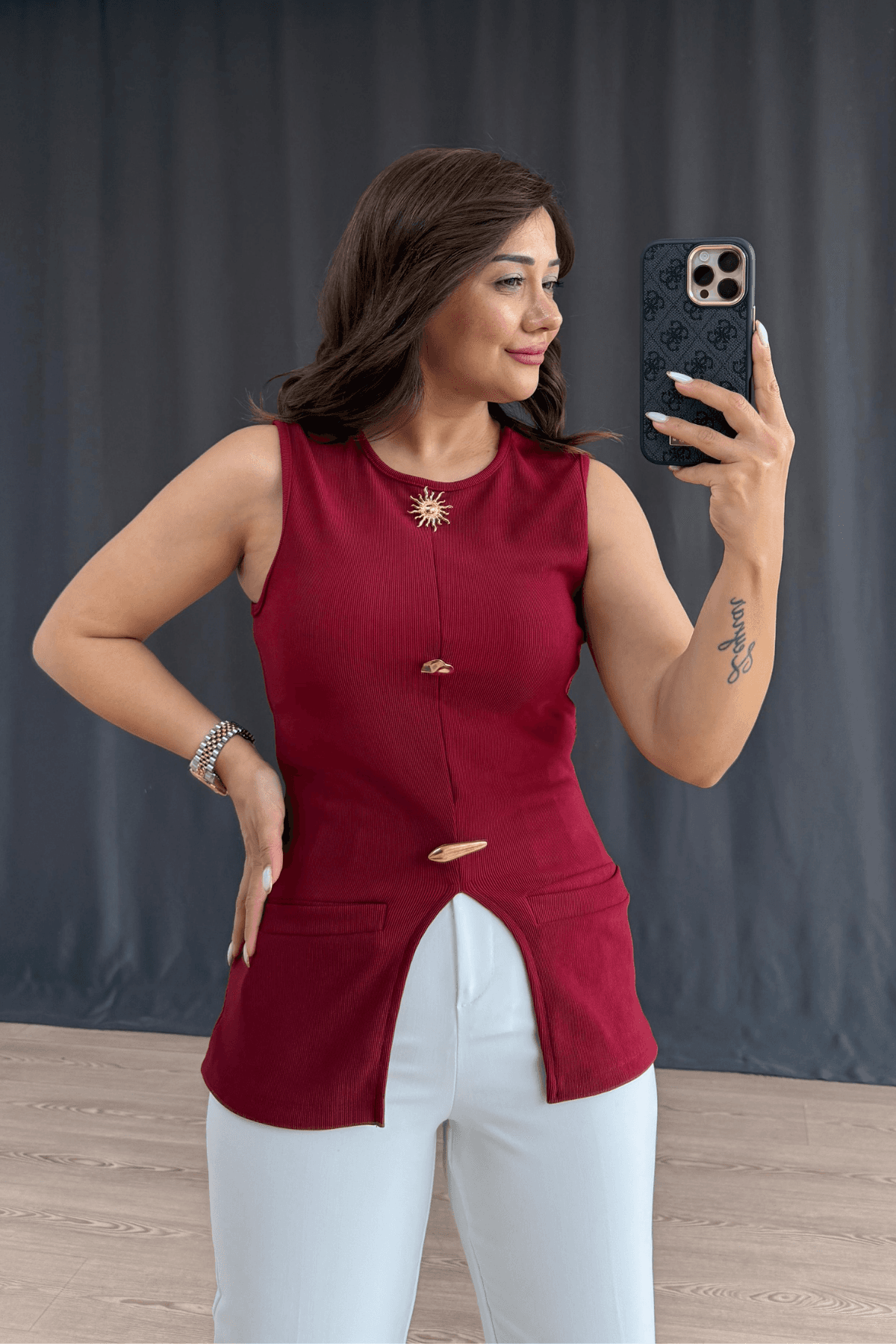 Benty Ön Yırtmaç Detaylı Bluz - BORDO