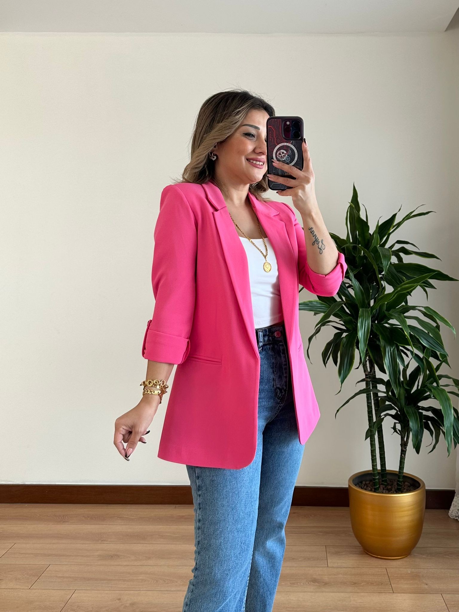 BLAZER KOLU KATLI CEKET • PEMBE