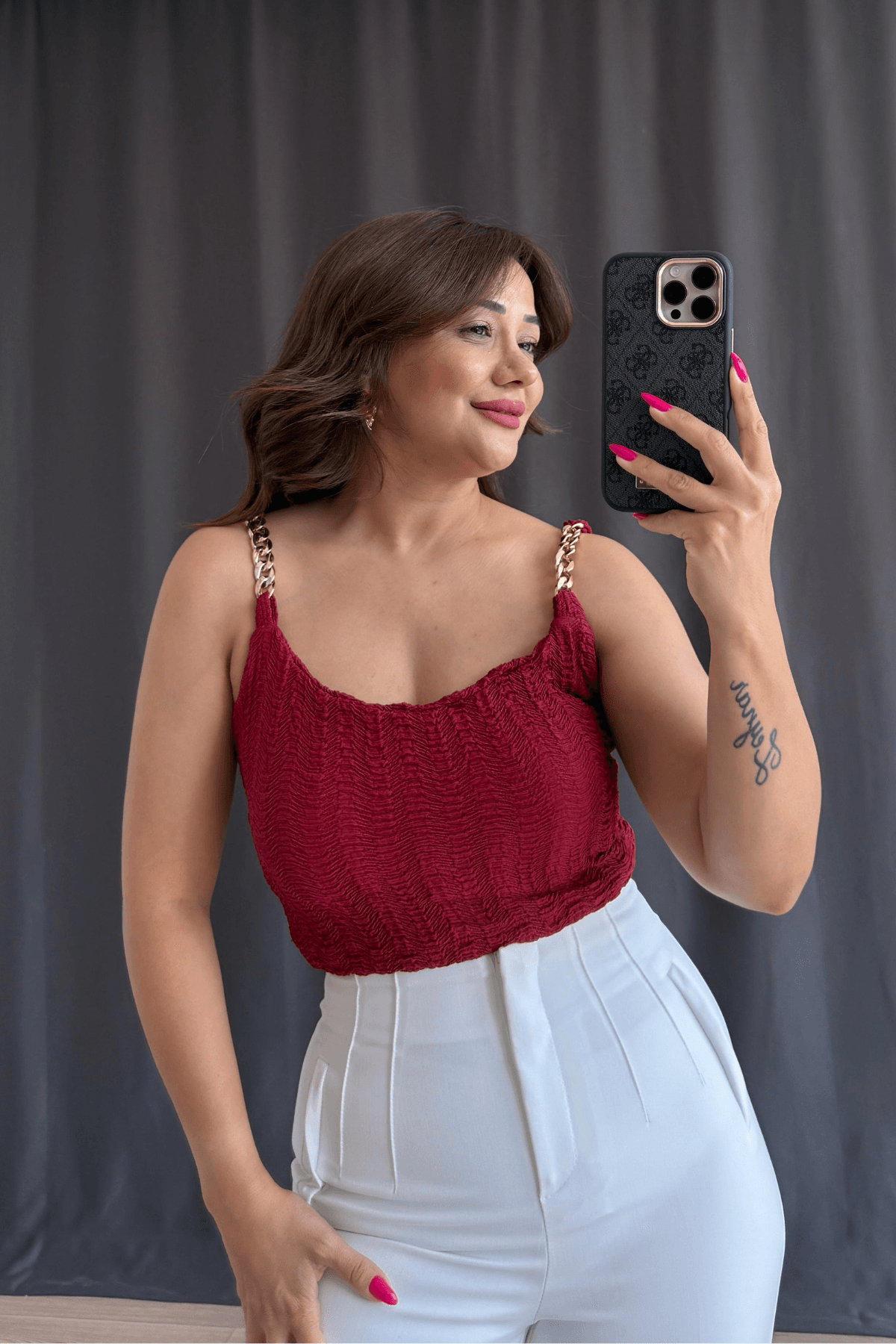 Zincir Detaylı Crop - BORDO
