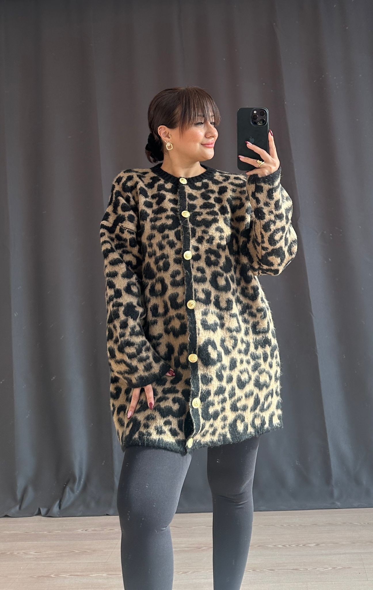 LEOPAR DESENLİ OVERSİZE HIRKA • KAHVE 