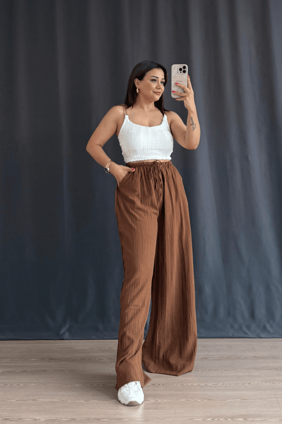 Linen Palazzo Pantolon  - KAHVERENGİ