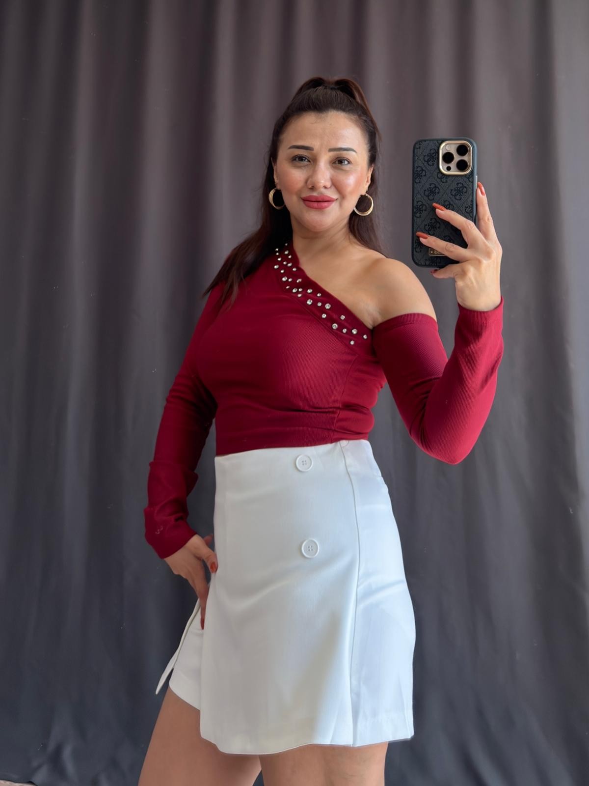 Taş Detaylı Ottoman Body - BORDO