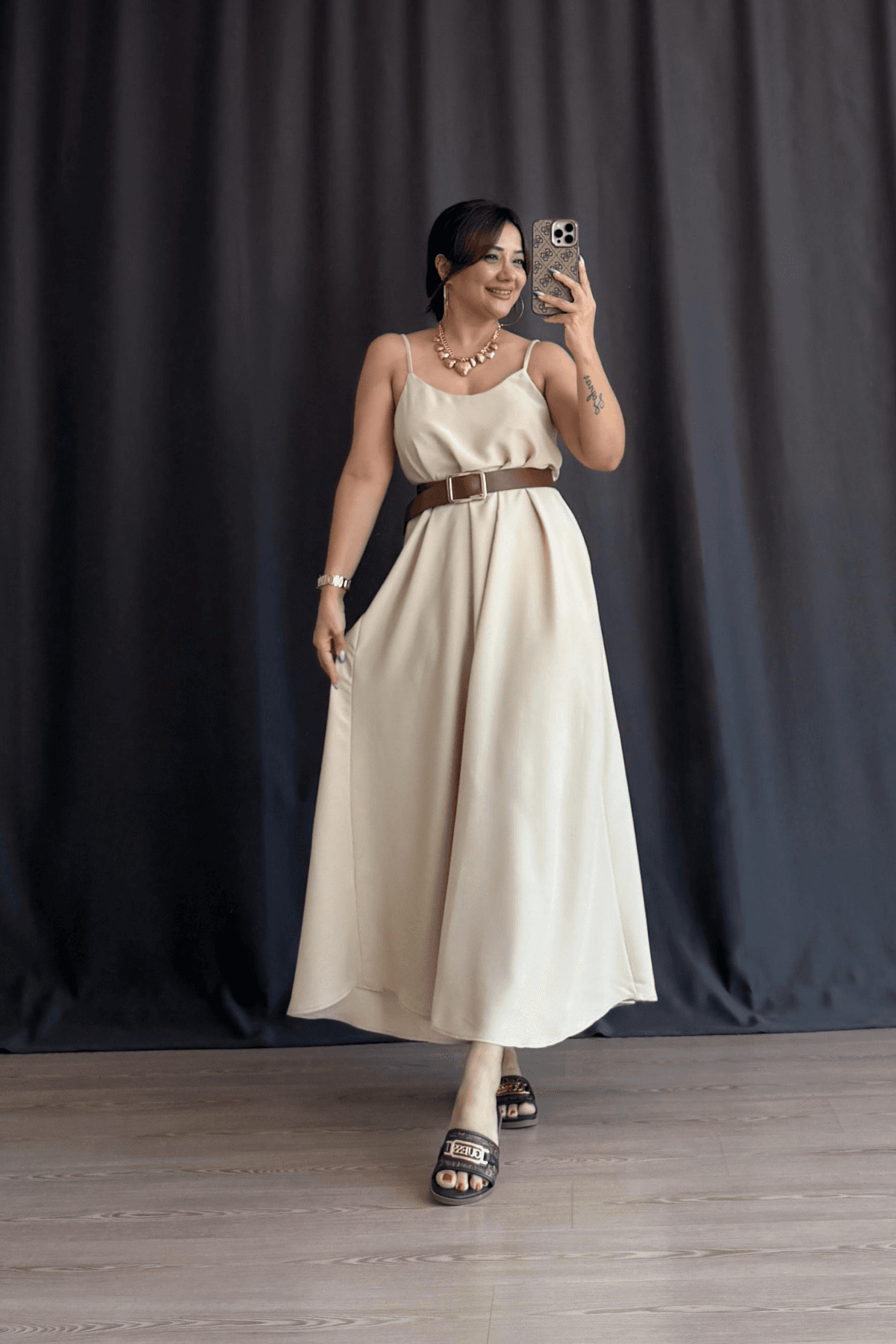 Larin İp Askılı Elbise - NUDE