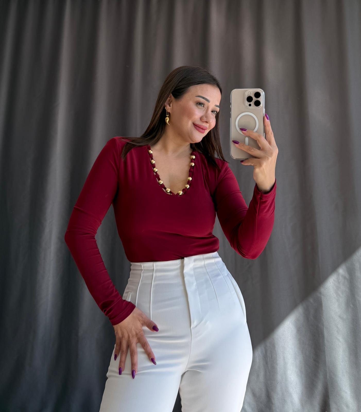 V Yaka Gold İşlemeli Bluz - BORDO