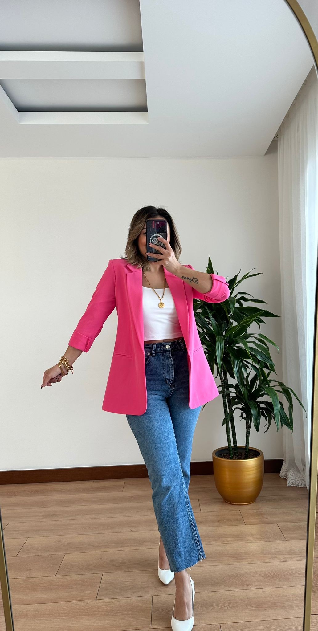 BLAZER KOLU KATLI CEKET • PEMBE