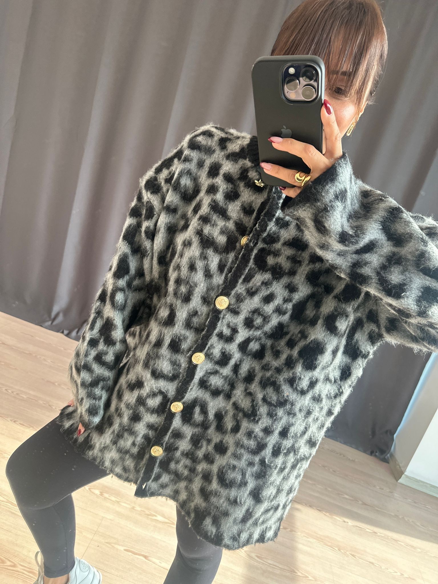 LEOPAR DESENLİ OVERSİZE HIRKA • GRİ